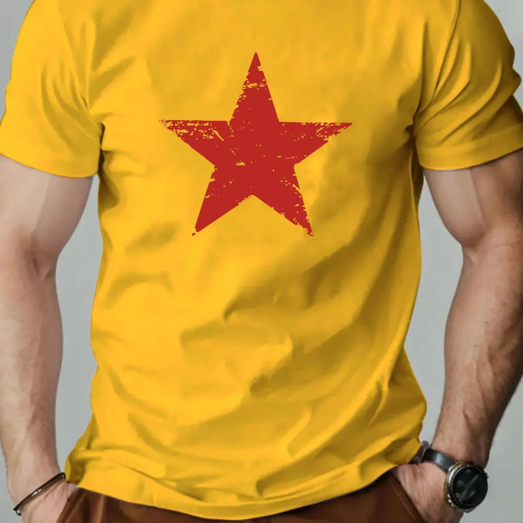 Men's summer 100% pure cotton fashionable casual loose red star pattern printed collar short sleeved T-shirt top