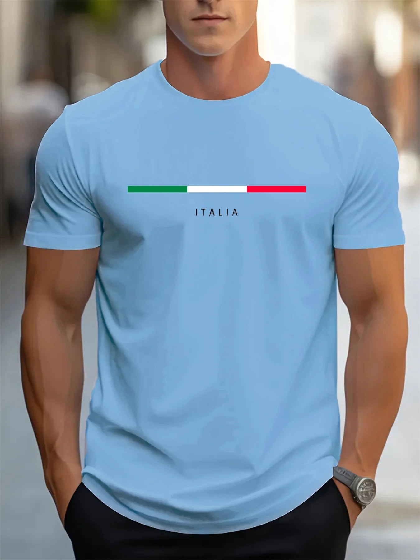 Men's summer 100 cotton fashionable casual loose plus size ITALIA pattern printed sports round neck short sleeved T-shirt top