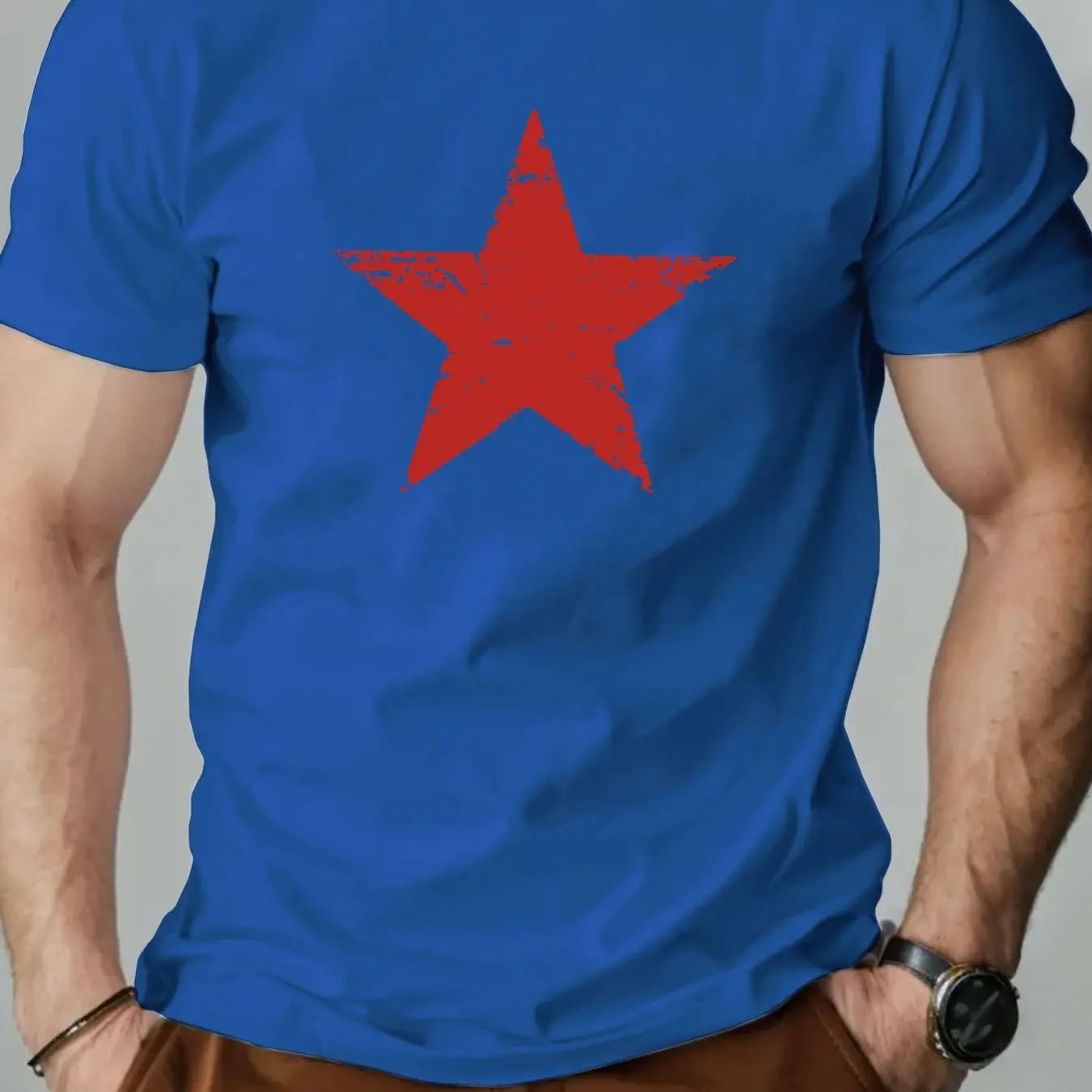 Men's summer 100% pure cotton fashionable casual loose red star pattern printed collar short sleeved T-shirt top