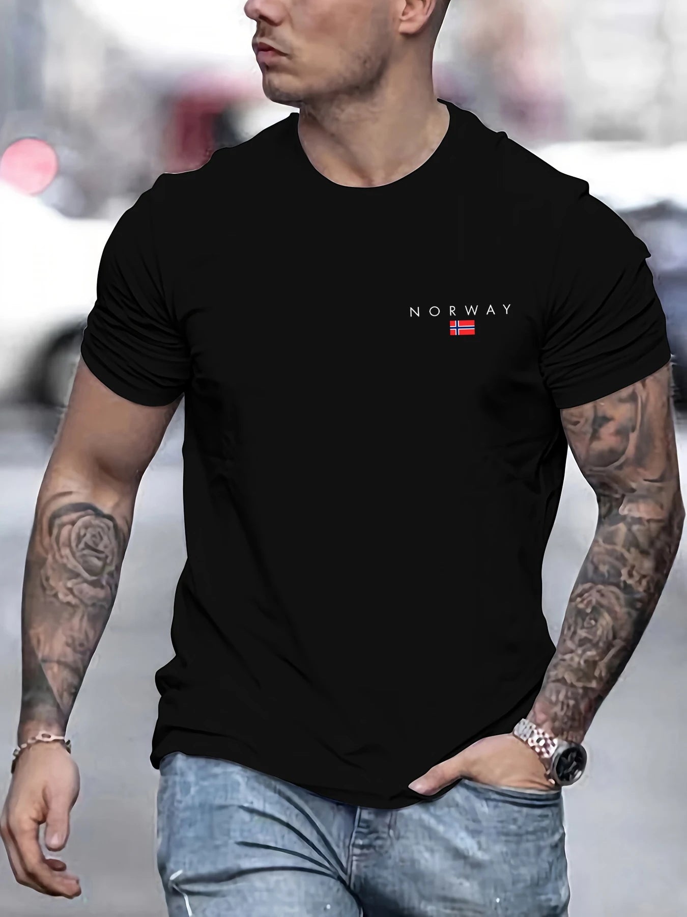 Men's summer 100% pure cotton fashionable sports casual loose NORWAY pattern printed round neck short sleeved T-shirt top