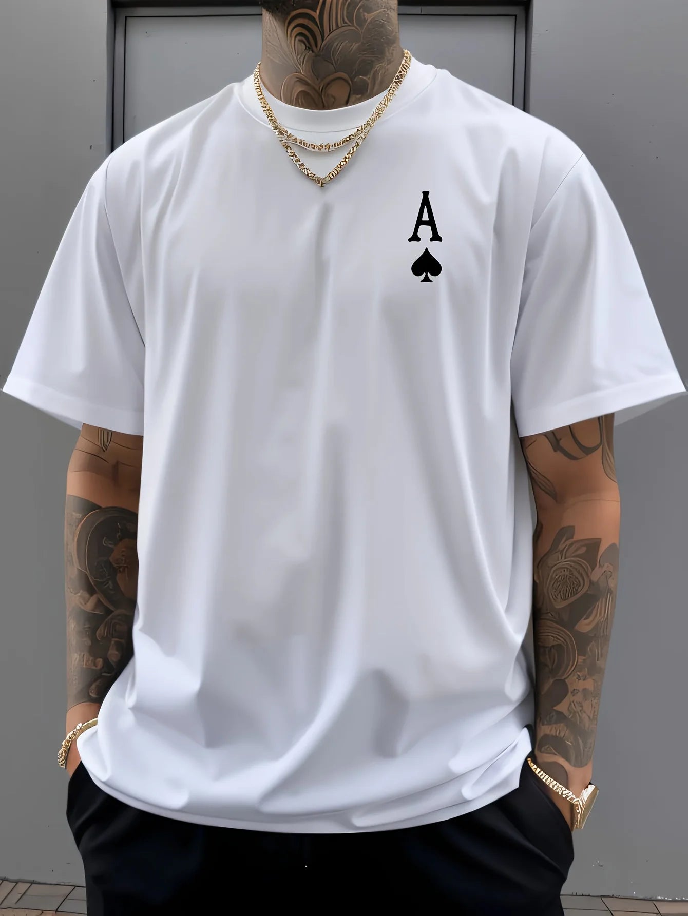 Summer men's 100% pure cotton casual sports loose oversized retro spade A printed comfortable round neck short sleeved T-shirt
