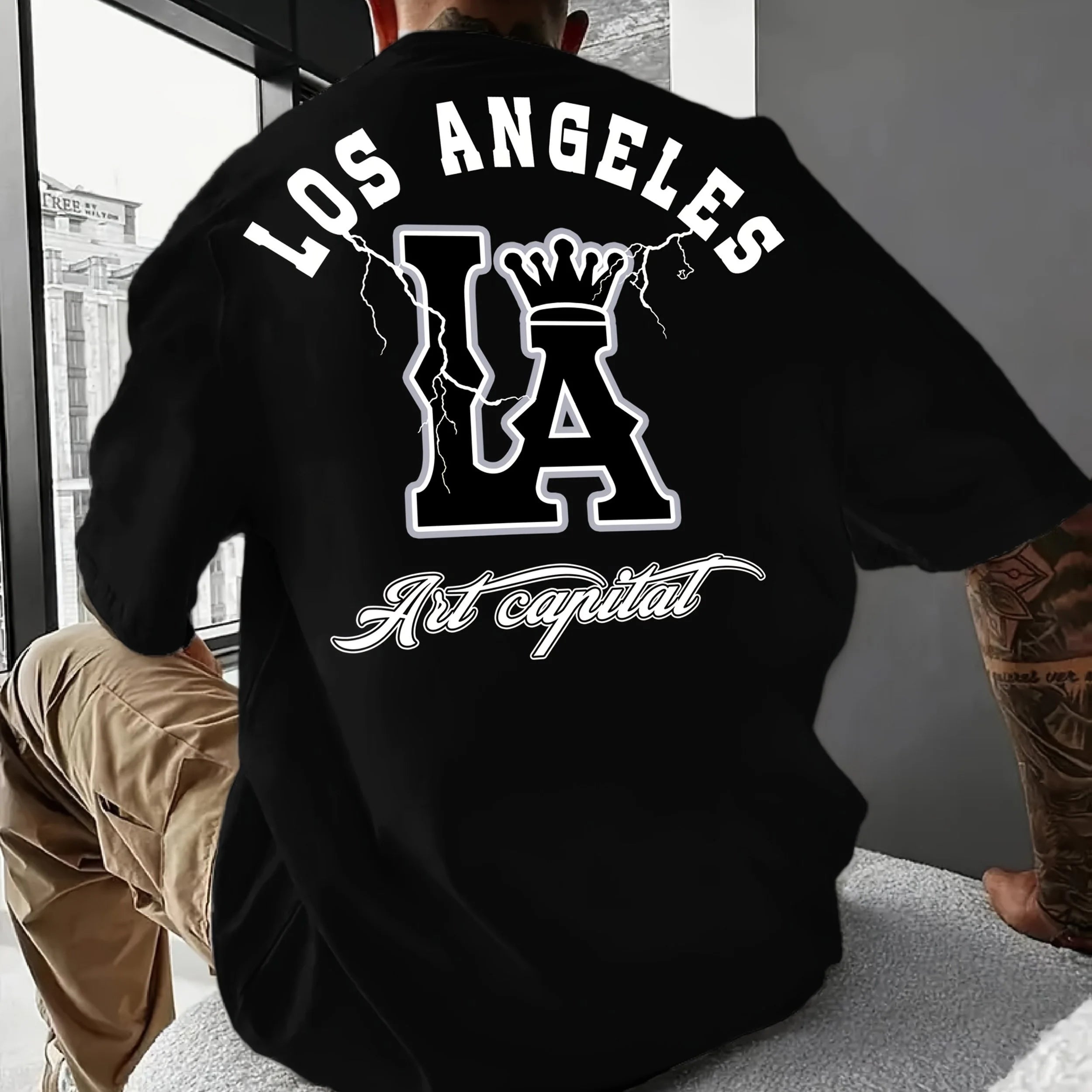 Men's Summer 100% Cotton Fashionable Casual Loose Large Size Los Angeles Letter Printed Round Neck Short Sleeve T-shirt Top