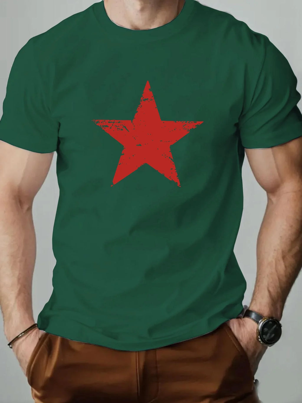 Men's summer 100% pure cotton fashionable casual loose red star pattern printed collar short sleeved T-shirt top