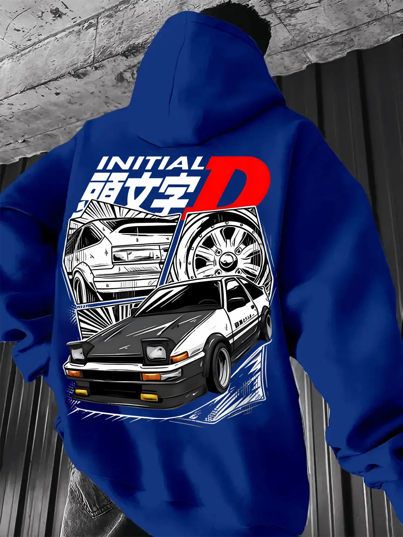 Black hooded sweatshirt with the initial letter D logo and iconic JDM car printed men's anime pullover