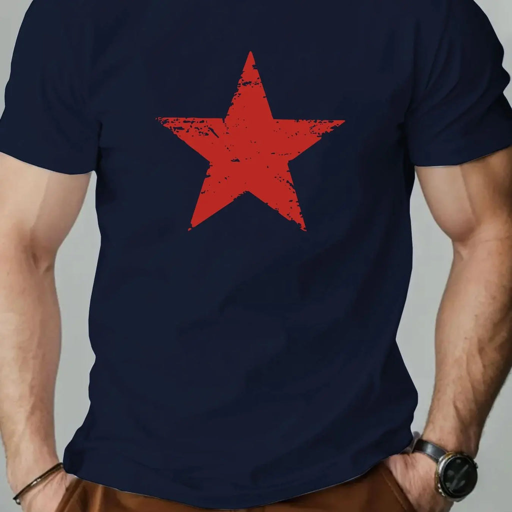 Men's summer 100% pure cotton fashionable casual loose red star pattern printed collar short sleeved T-shirt top