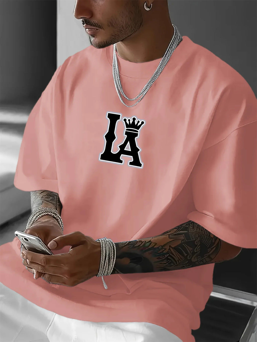 Men's Summer 100% Cotton Fashionable Casual Loose Large Size Los Angeles Letter Printed Round Neck Short Sleeve T-shirt Top