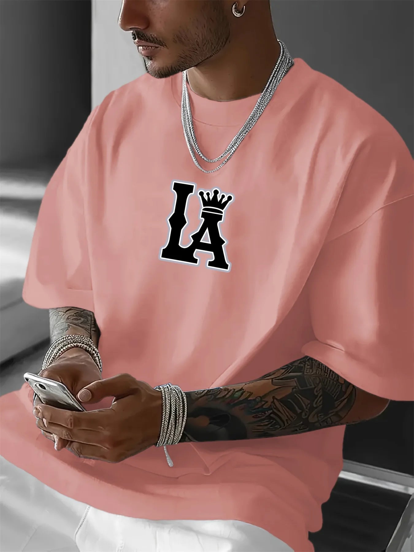 Men's Summer 100% Cotton Fashionable Casual Loose Large Size Los Angeles Letter Printed Round Neck Short Sleeve T-shirt Top
