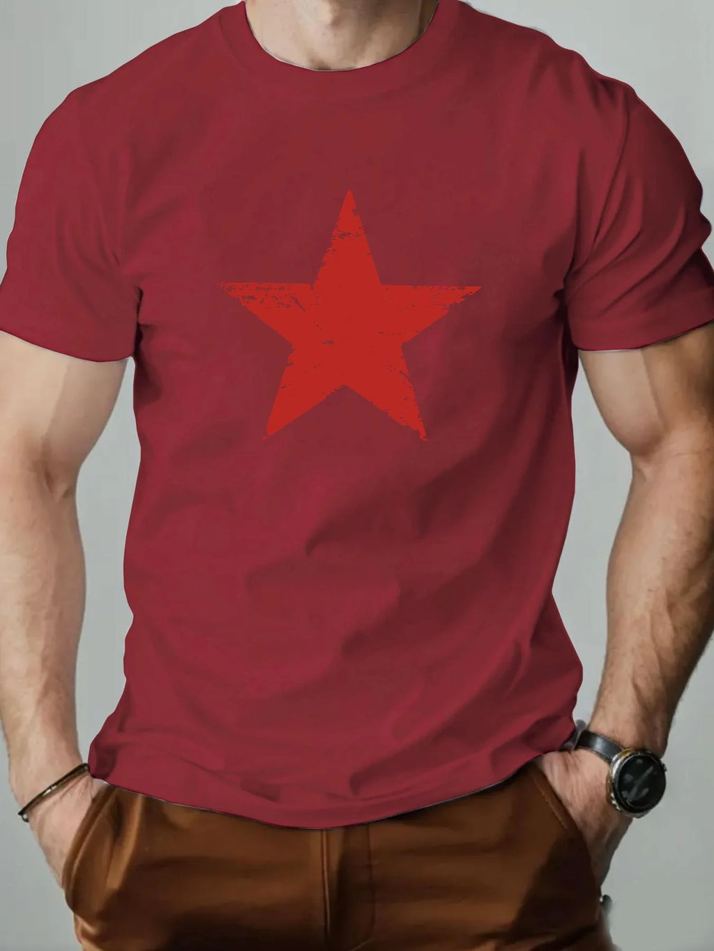 Men's summer 100% pure cotton fashionable casual loose red star pattern printed collar short sleeved T-shirt top