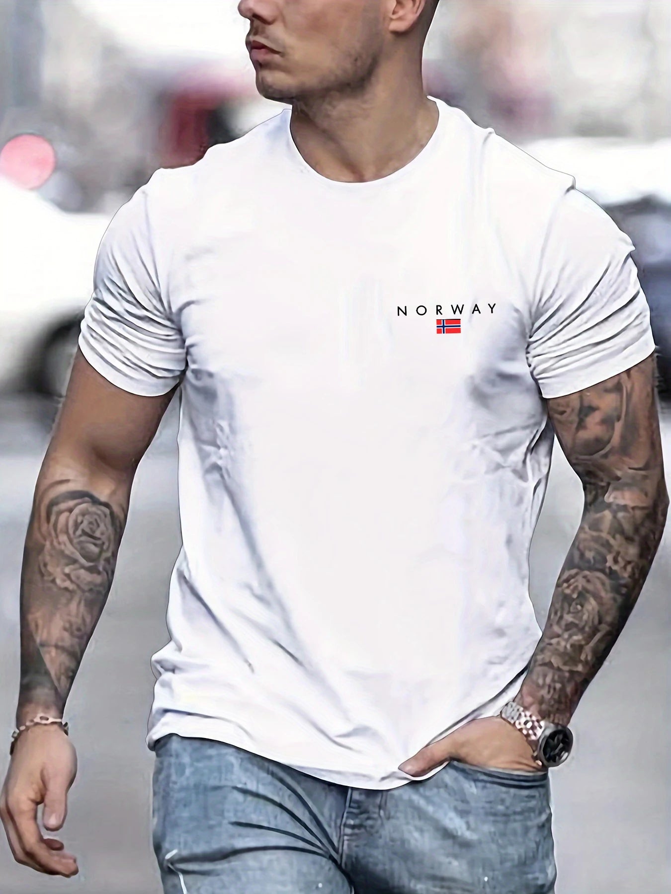 Men's summer 100% pure cotton fashionable sports casual loose NORWAY pattern printed round neck short sleeved T-shirt top