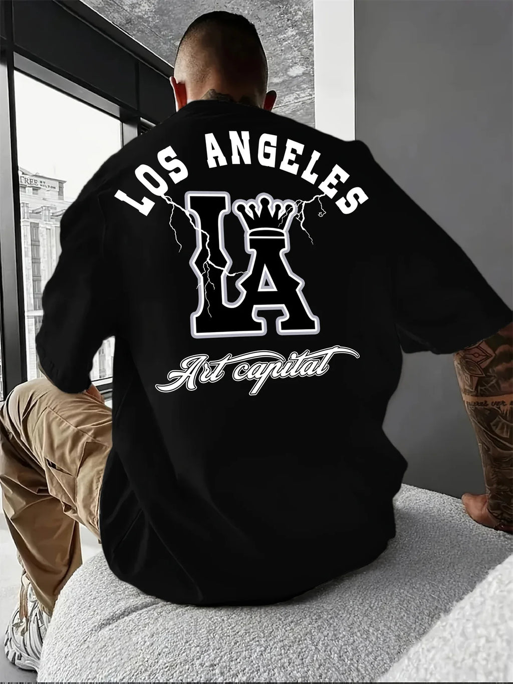 Men's Summer 100% Cotton Fashionable Casual Loose Large Size Los Angeles Letter Printed Round Neck Short Sleeve T-shirt Top