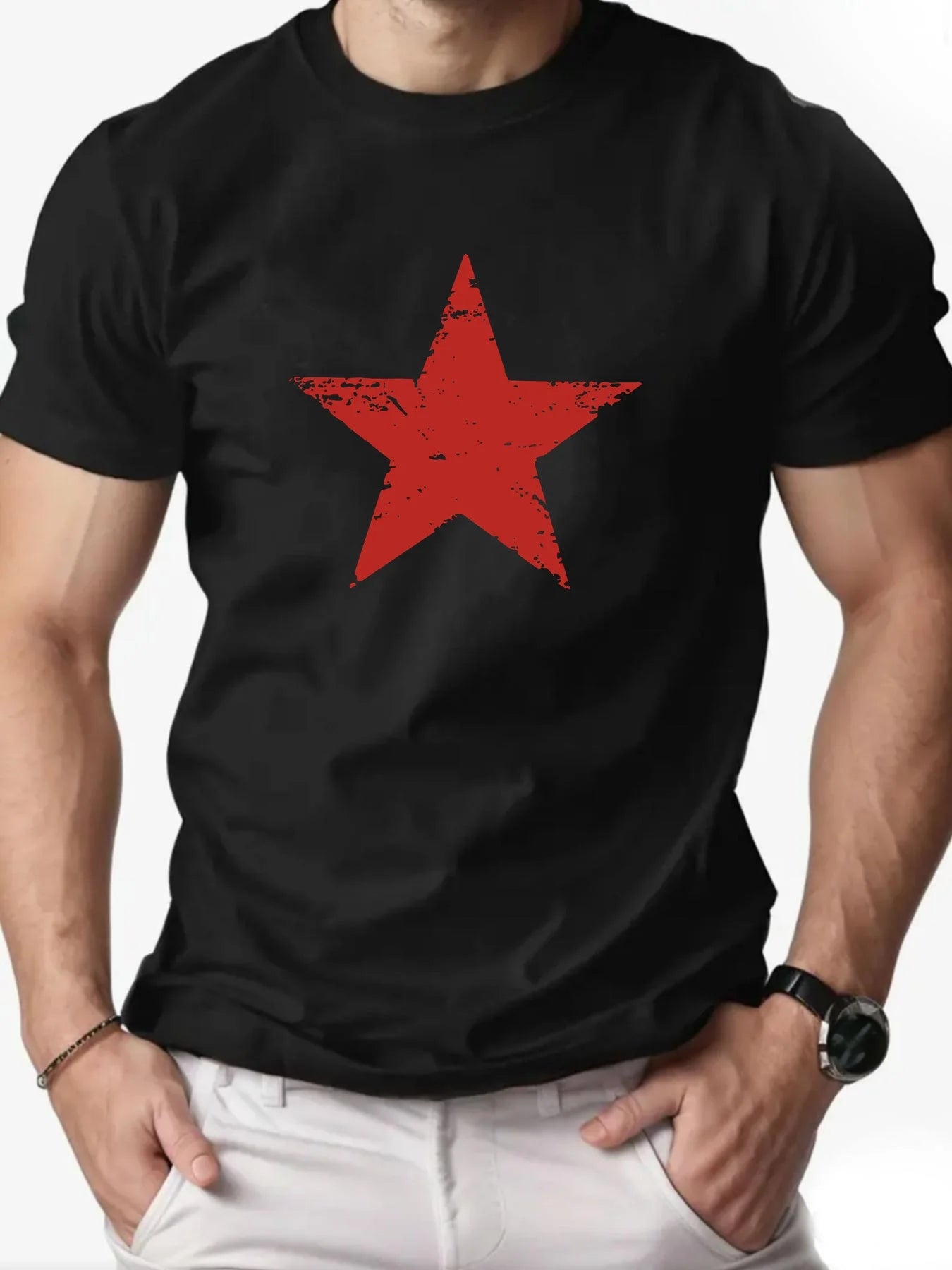 Men's summer 100% pure cotton fashionable casual loose red star pattern printed collar short sleeved T-shirt top