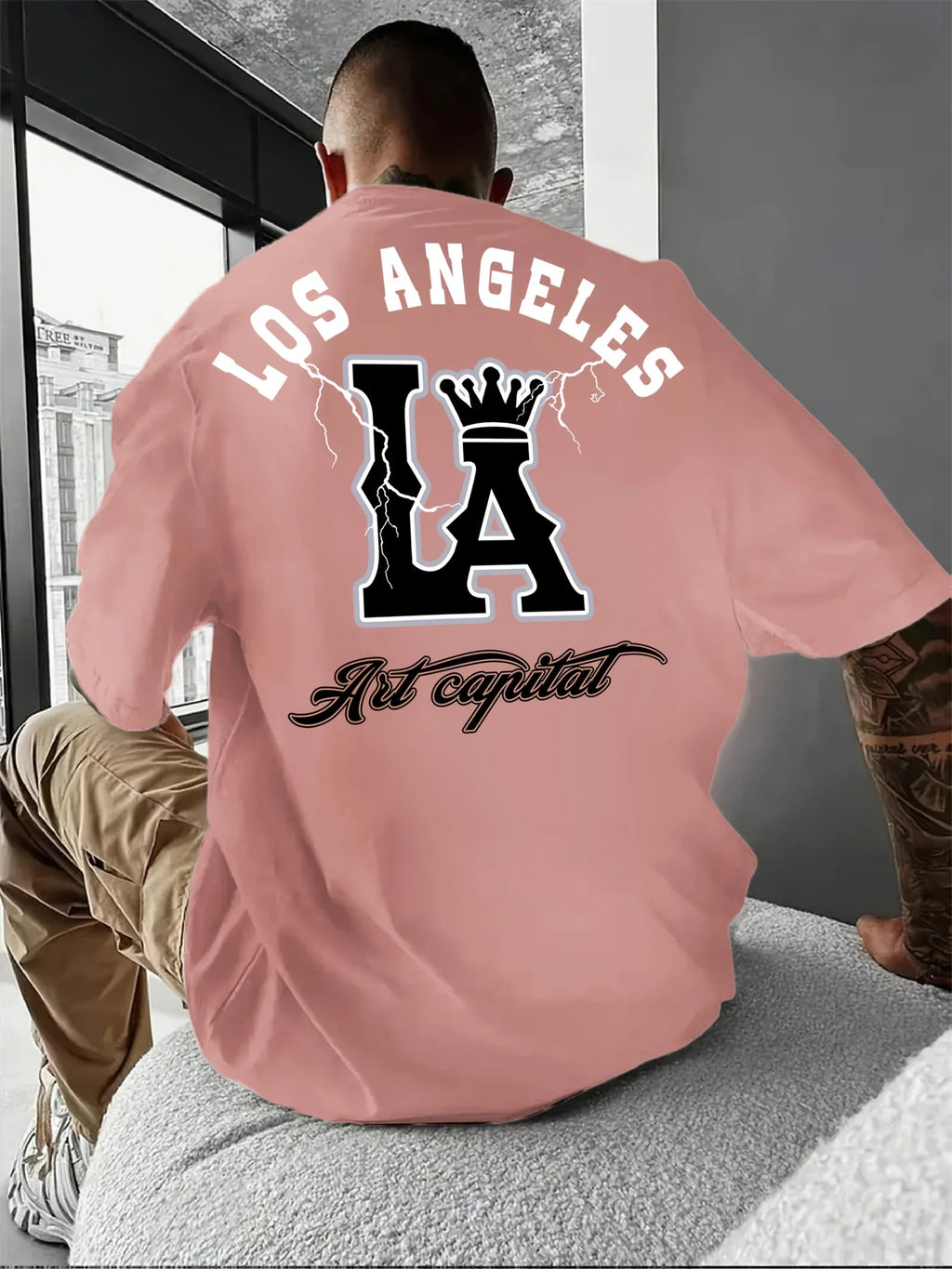Men's Summer 100% Cotton Fashionable Casual Loose Large Size Los Angeles Letter Printed Round Neck Short Sleeve T-shirt Top