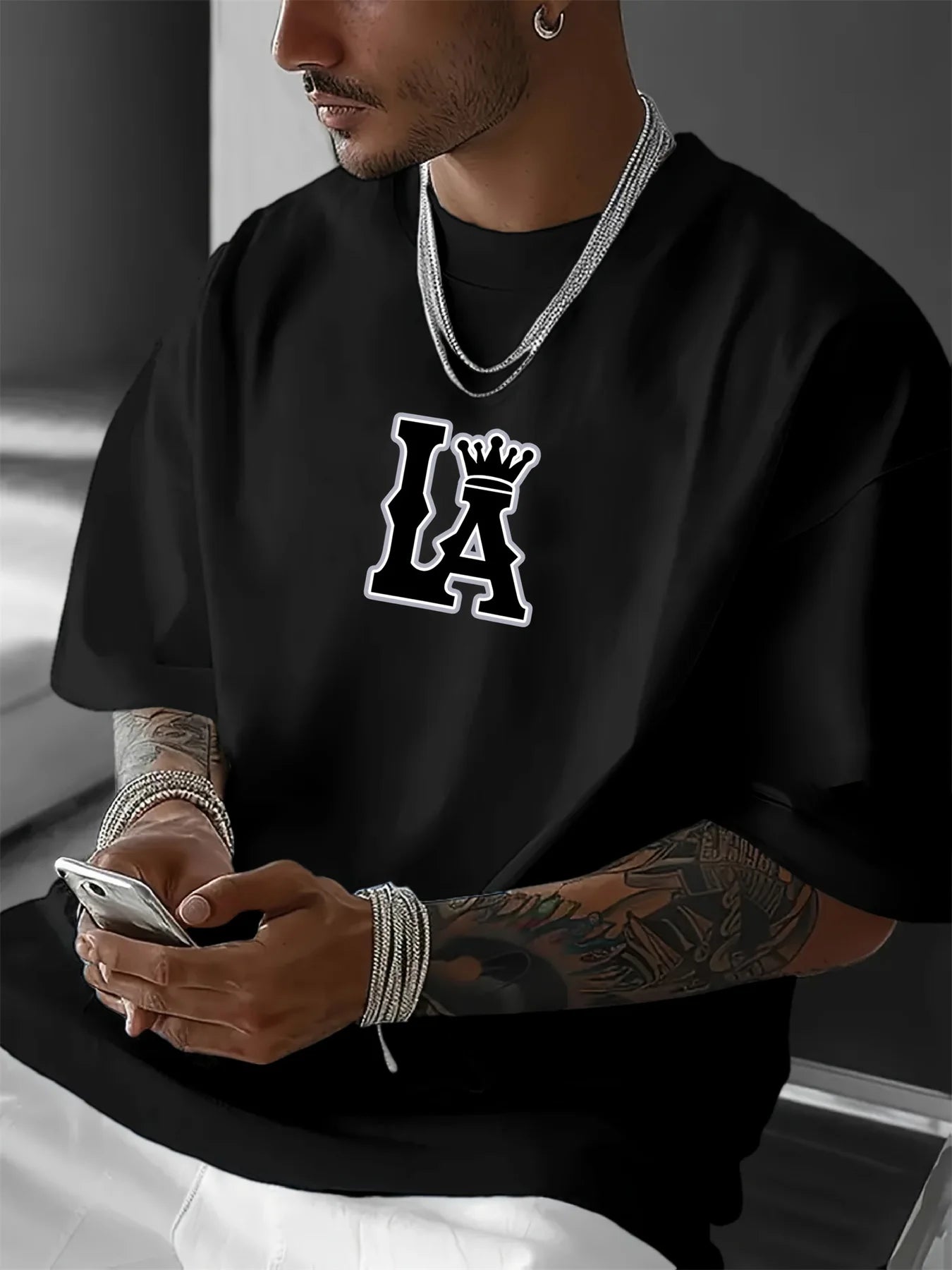 Men's Summer 100% Cotton Fashionable Casual Loose Large Size Los Angeles Letter Printed Round Neck Short Sleeve T-shirt Top