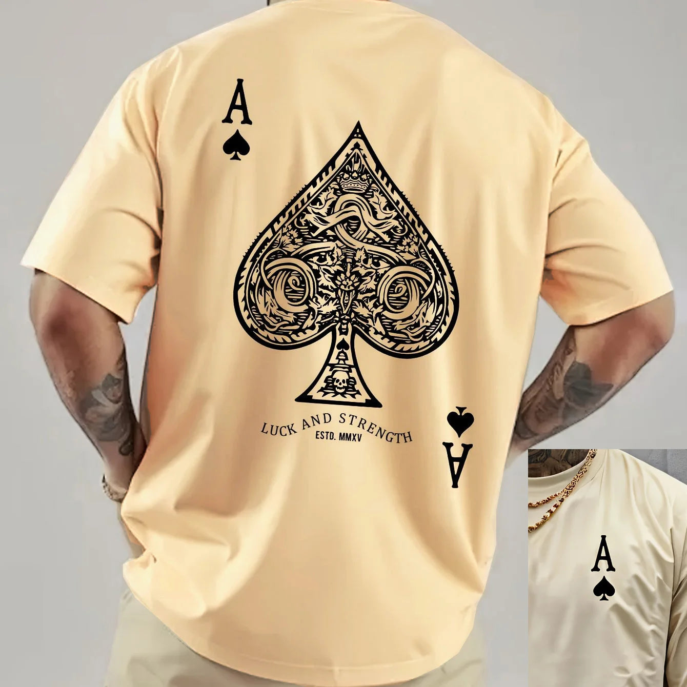 Summer men's 100% pure cotton casual sports loose oversized retro spade A printed comfortable round neck short sleeved T-shirt