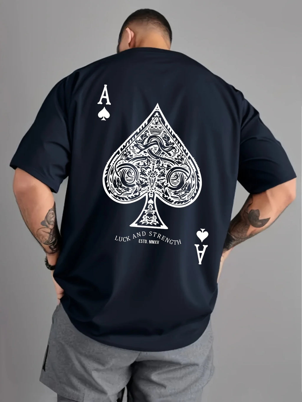 Summer men's 100% pure cotton casual sports loose oversized retro spade A printed comfortable round neck short sleeved T-shirt