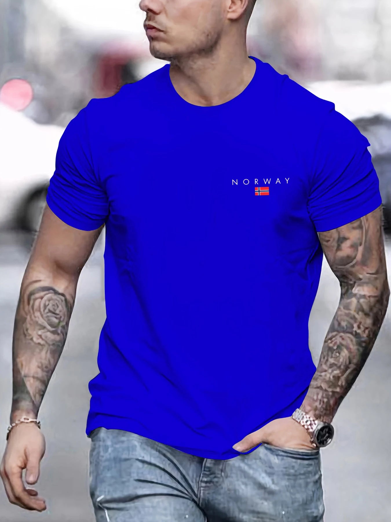 Men's summer 100% pure cotton fashionable sports casual loose NORWAY pattern printed round neck short sleeved T-shirt top