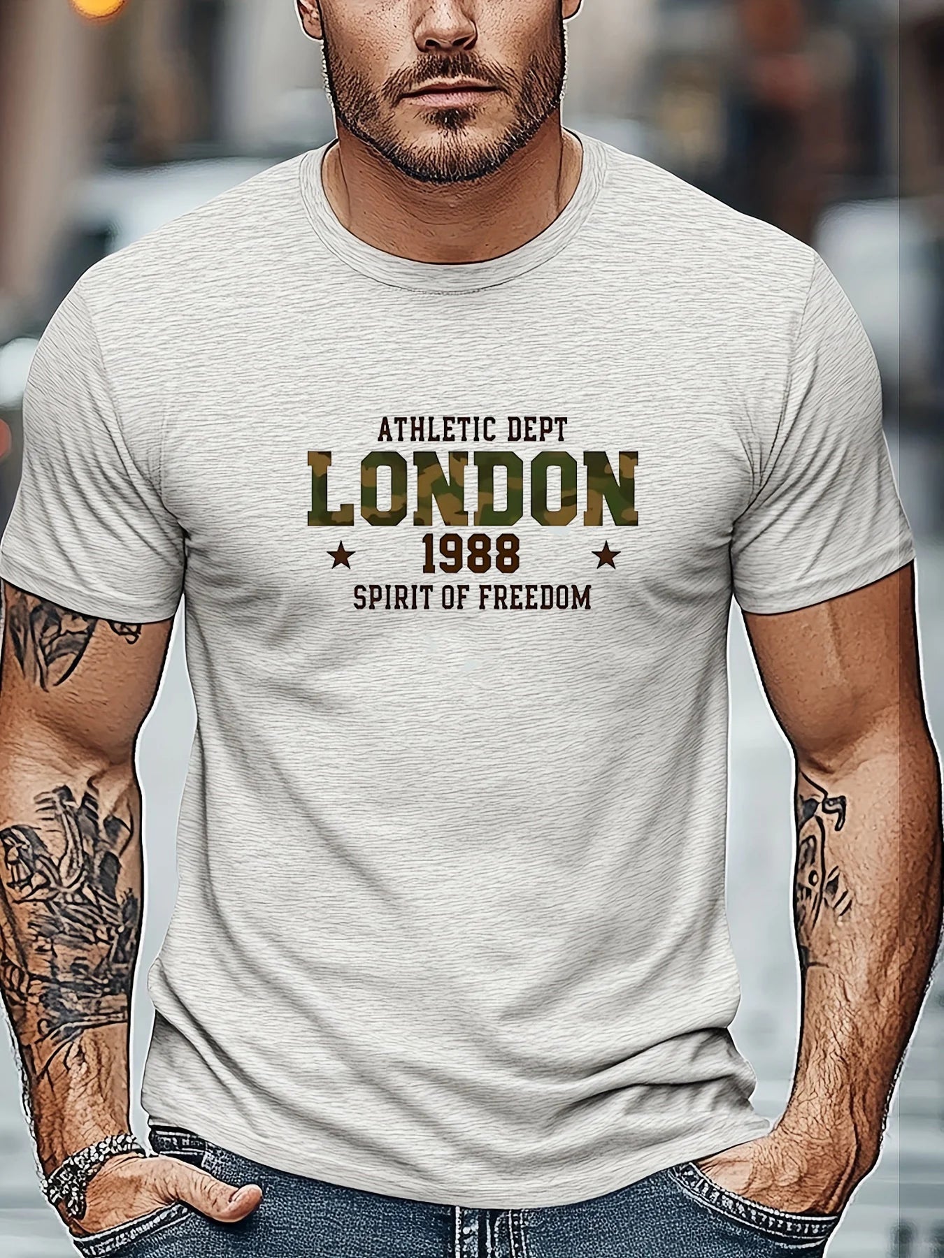 Men's Summer 100% Cotton Fashion Casual Loose London 1988 Pattern Printed Sports Round Neck Short Sleeve T-shirt Top