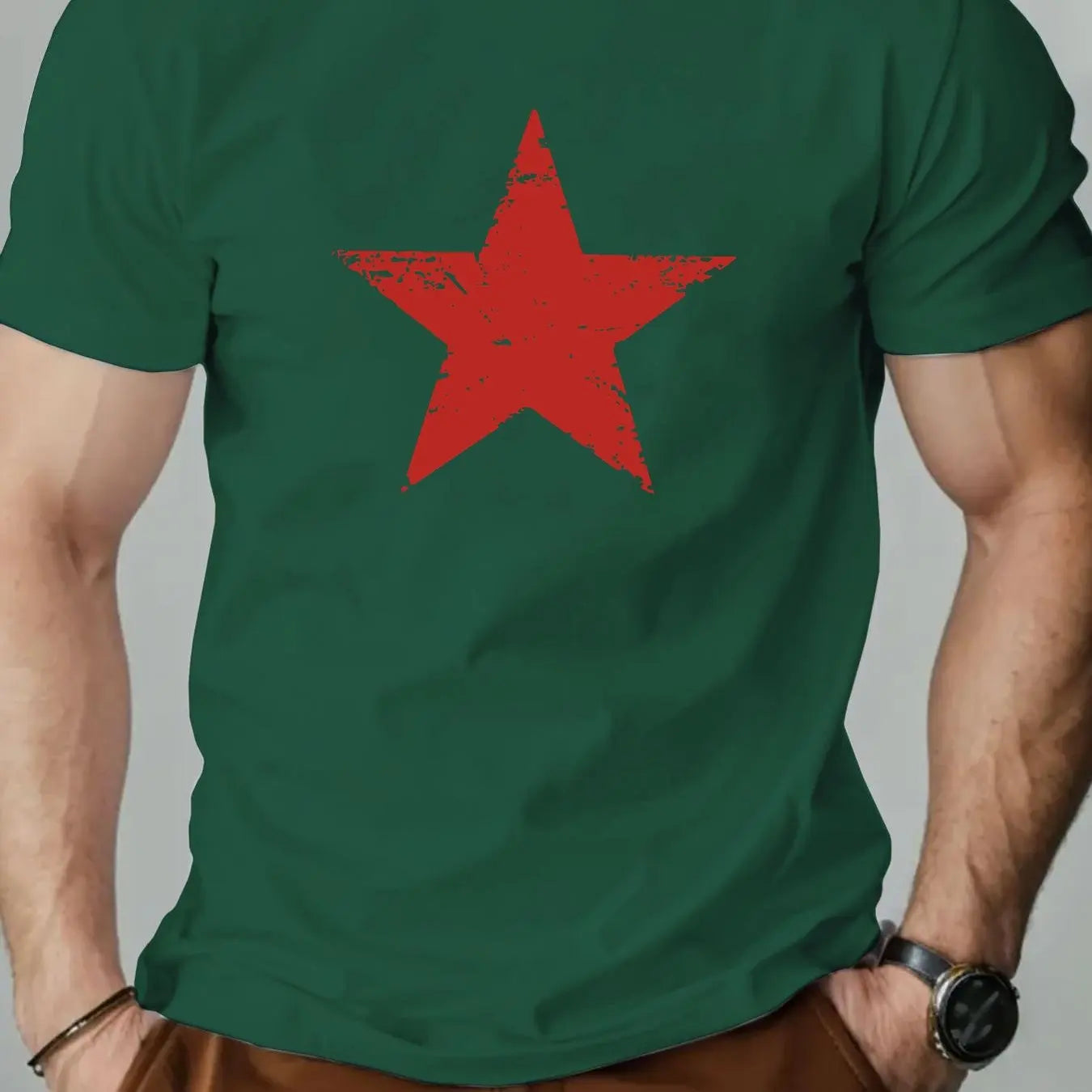 Men's summer 100% pure cotton fashionable casual loose red star pattern printed collar short sleeved T-shirt top