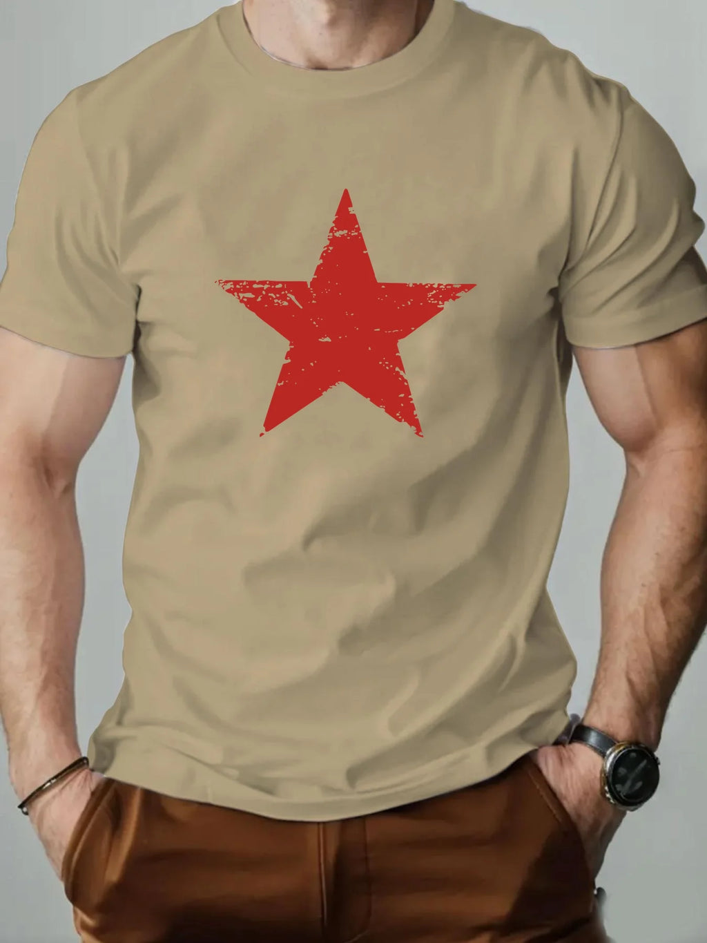 Men's summer 100% pure cotton fashionable casual loose red star pattern printed collar short sleeved T-shirt top