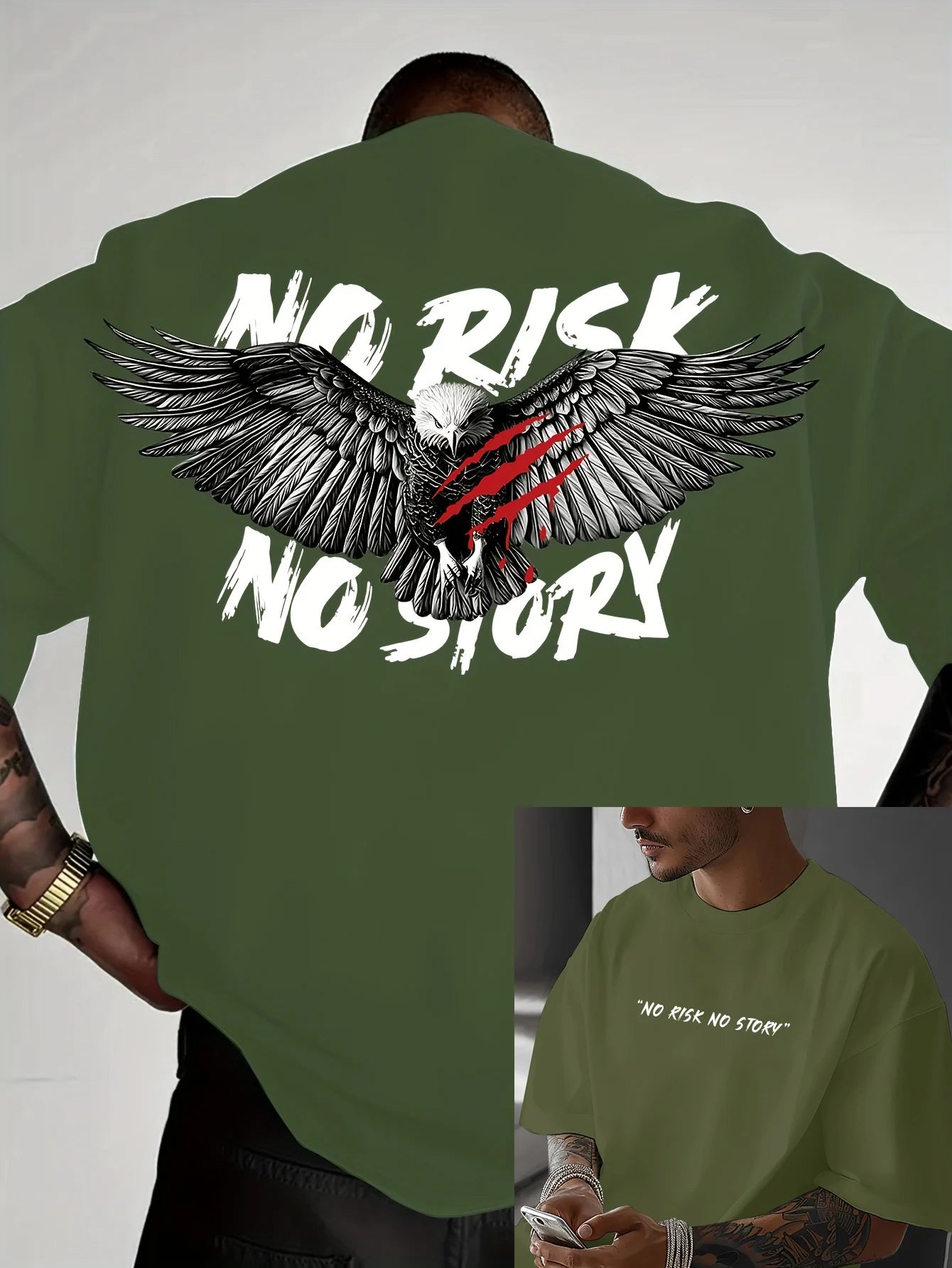 Men's summer 100% pure cotton fashionable casual loose eagle no story slogan printed round neck short sleeved T-shirt top