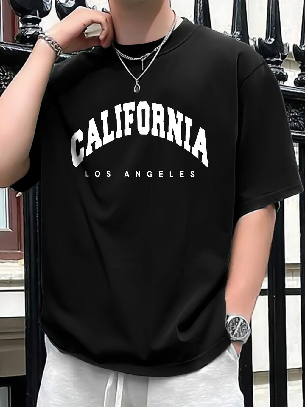 Summer men's 100% pure cotton casual loose fit plus CALIFORNIA printed sports comfortable round neck short sleeved T-shirt top