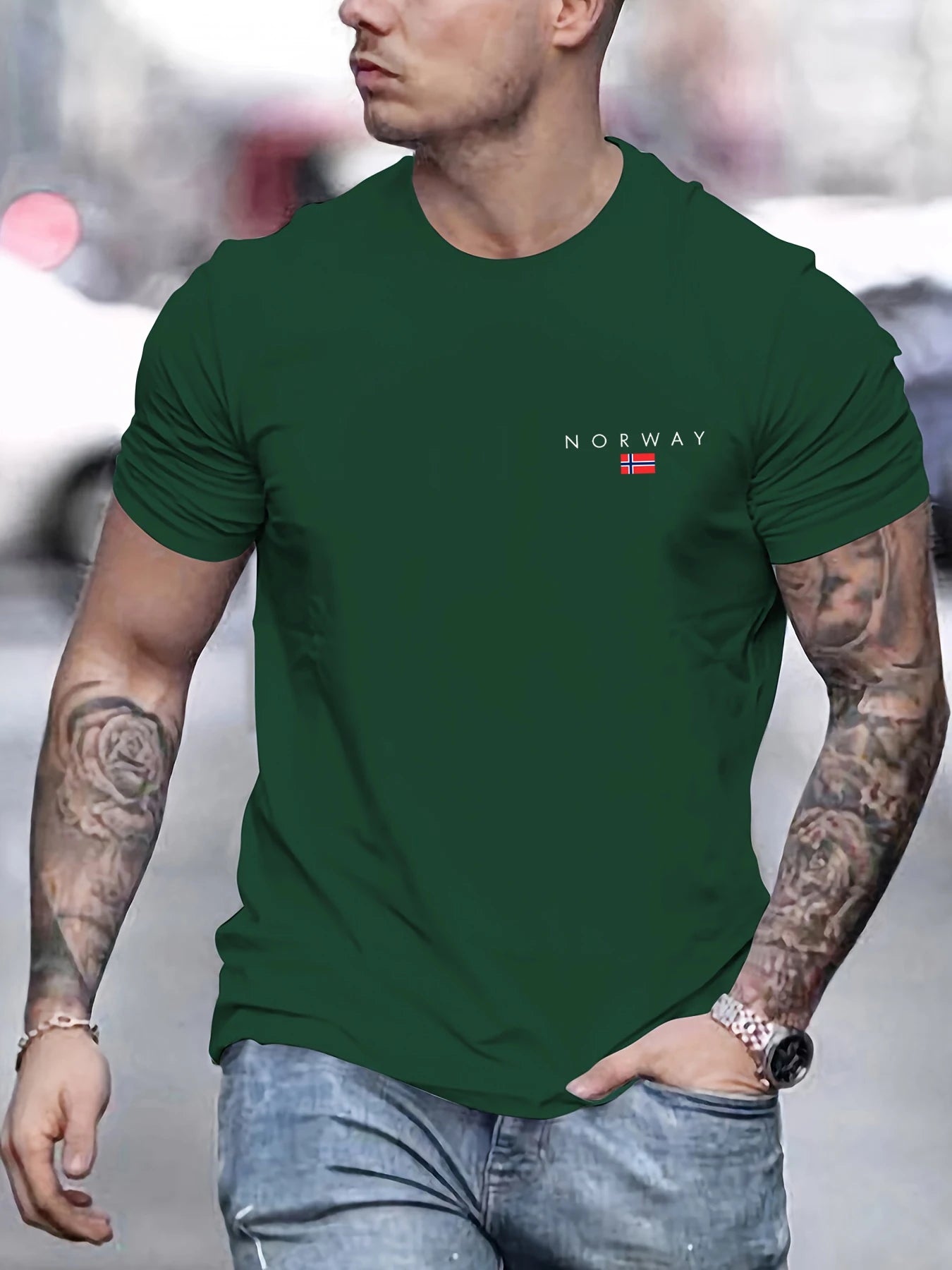 Men's summer 100% pure cotton fashionable sports casual loose NORWAY pattern printed round neck short sleeved T-shirt top