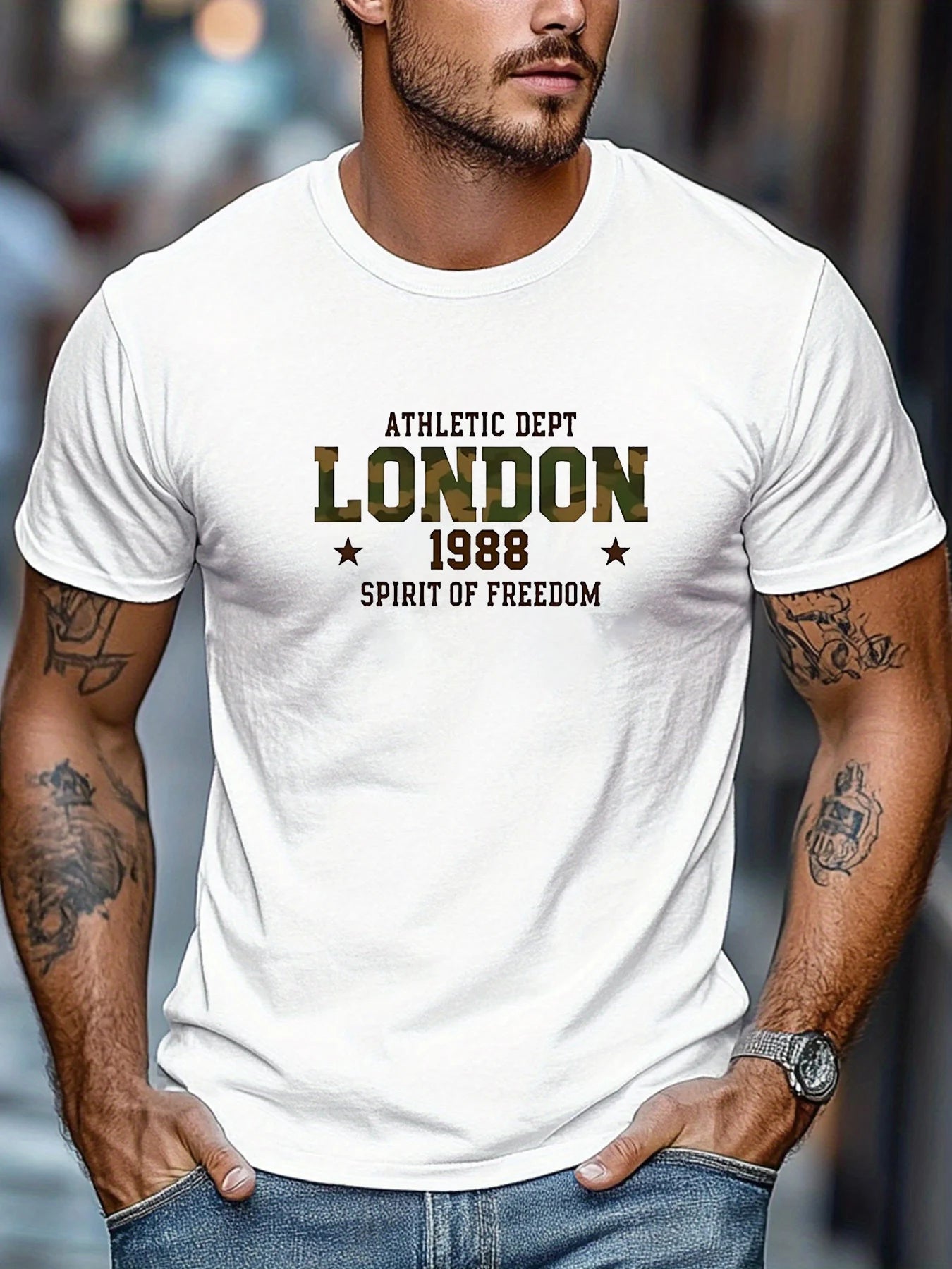 Men's Summer 100% Cotton Fashion Casual Loose London 1988 Pattern Printed Sports Round Neck Short Sleeve T-shirt Top