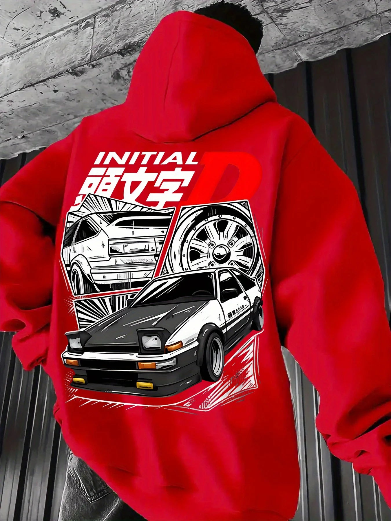 Black hooded sweatshirt with the initial letter D logo and iconic JDM car printed men's anime pullover