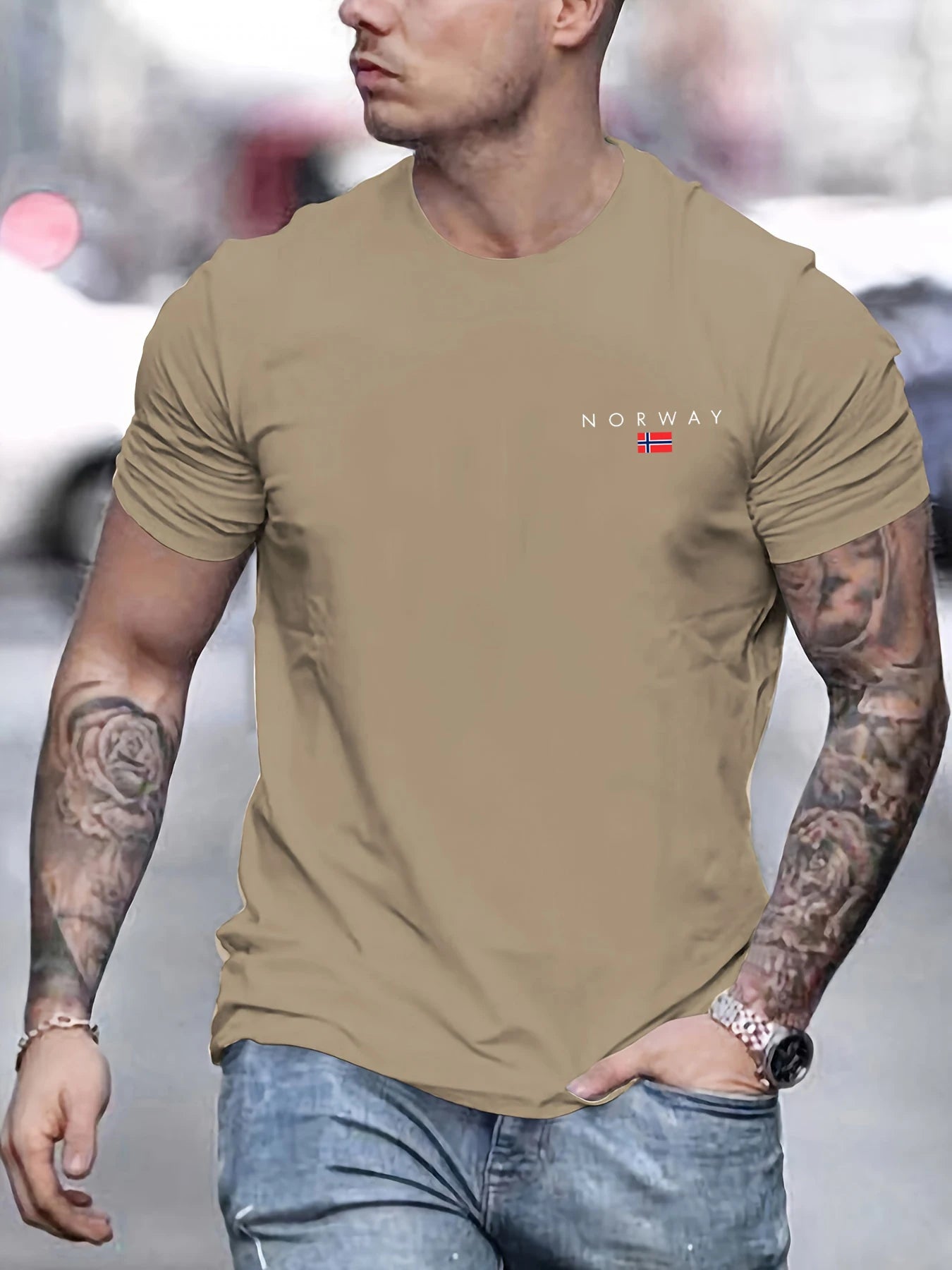 Men's summer 100% pure cotton fashionable sports casual loose NORWAY pattern printed round neck short sleeved T-shirt top