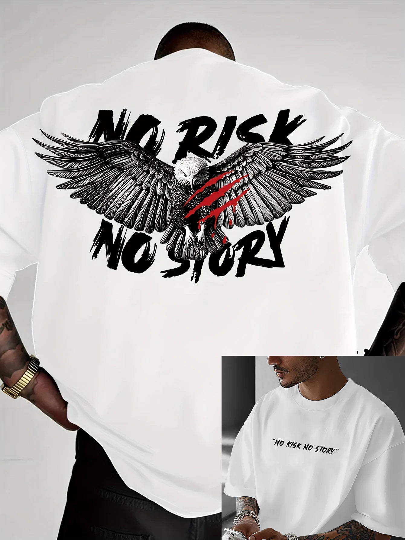 Men's summer 100% pure cotton fashionable casual loose eagle no story slogan printed round neck short sleeved T-shirt top