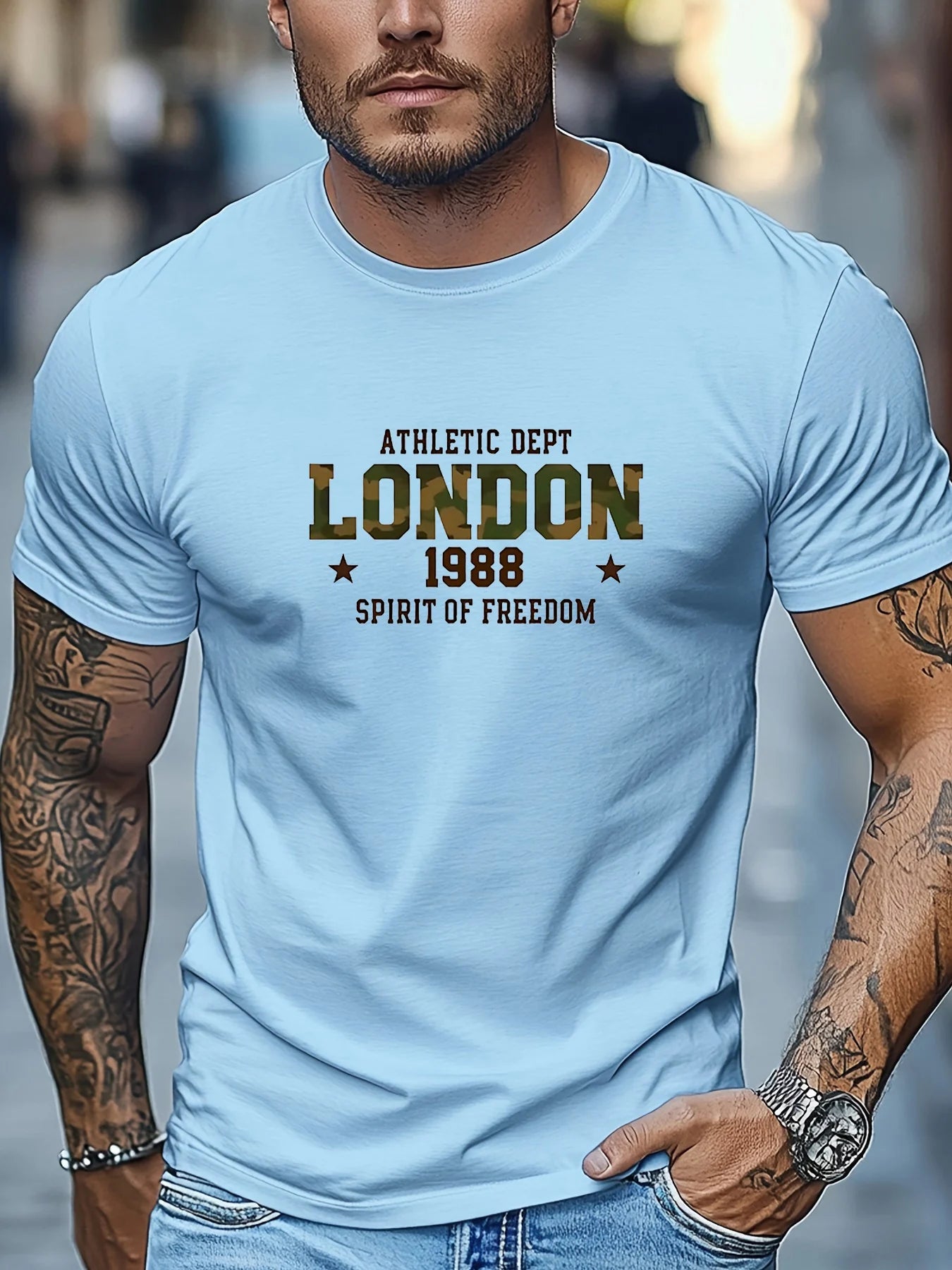 Men's Summer 100% Cotton Fashion Casual Loose London 1988 Pattern Printed Sports Round Neck Short Sleeve T-shirt Top