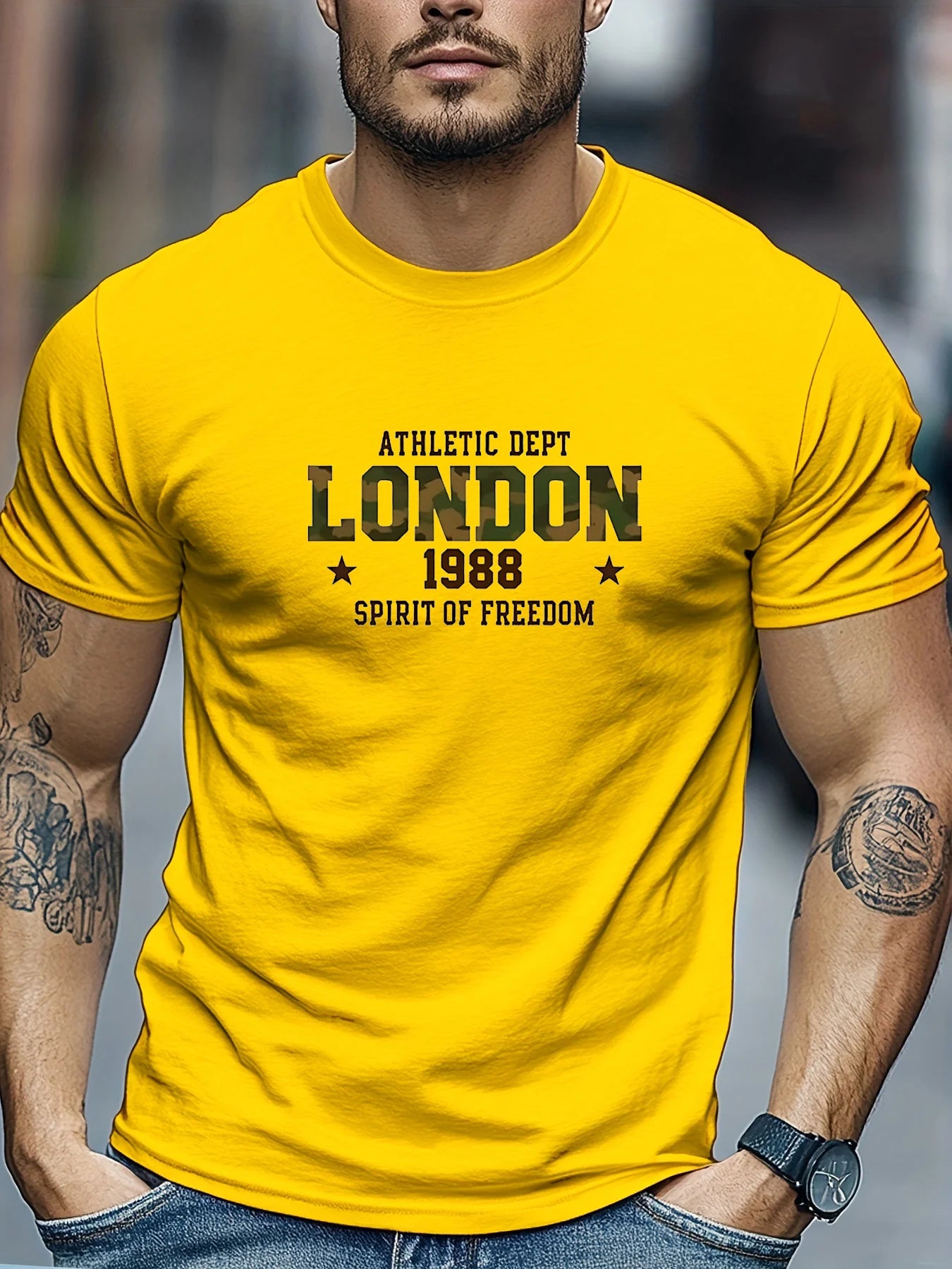 Men's Summer 100% Cotton Fashion Casual Loose London 1988 Pattern Printed Sports Round Neck Short Sleeve T-shirt Top
