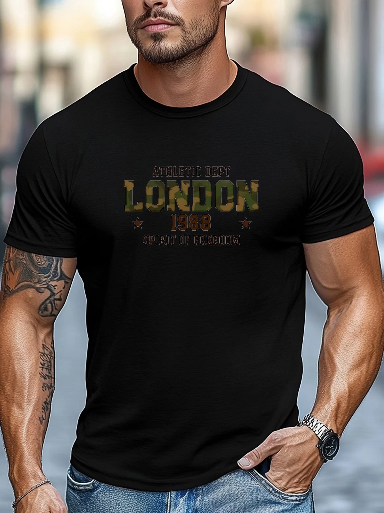 Men's Summer 100% Cotton Fashion Casual Loose London 1988 Pattern Printed Sports Round Neck Short Sleeve T-shirt Top