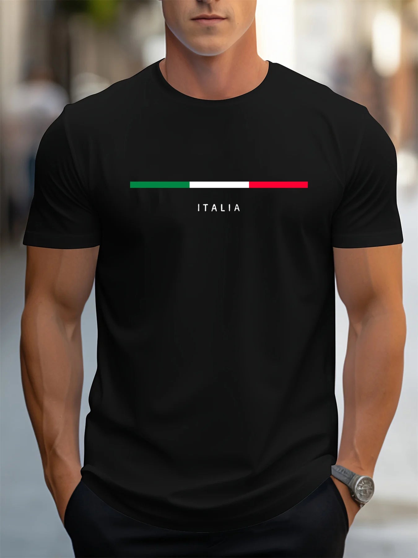 Men's summer 100 cotton fashionable casual loose plus size ITALIA pattern printed sports round neck short sleeved T-shirt top