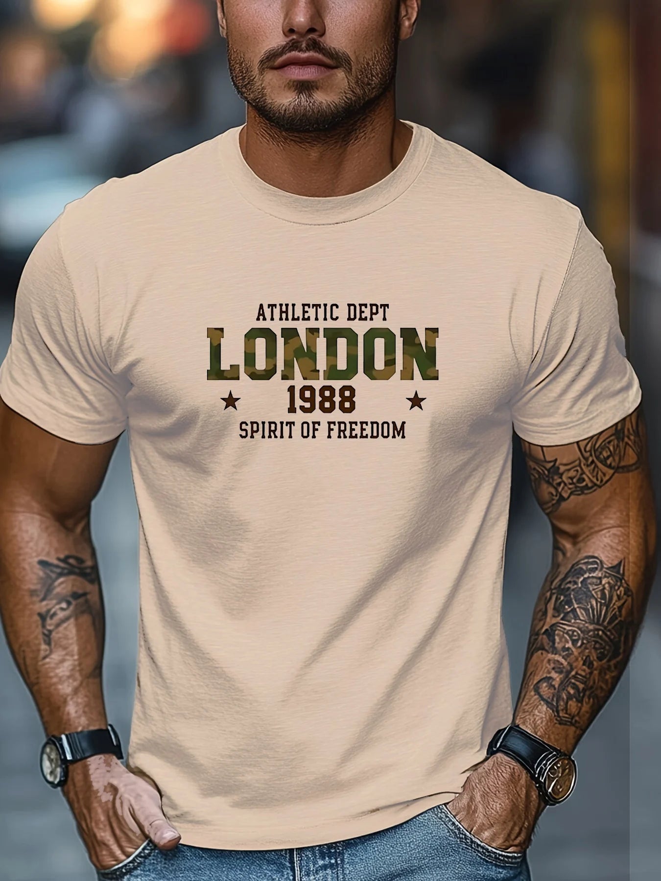 Men's Summer 100% Cotton Fashion Casual Loose London 1988 Pattern Printed Sports Round Neck Short Sleeve T-shirt Top