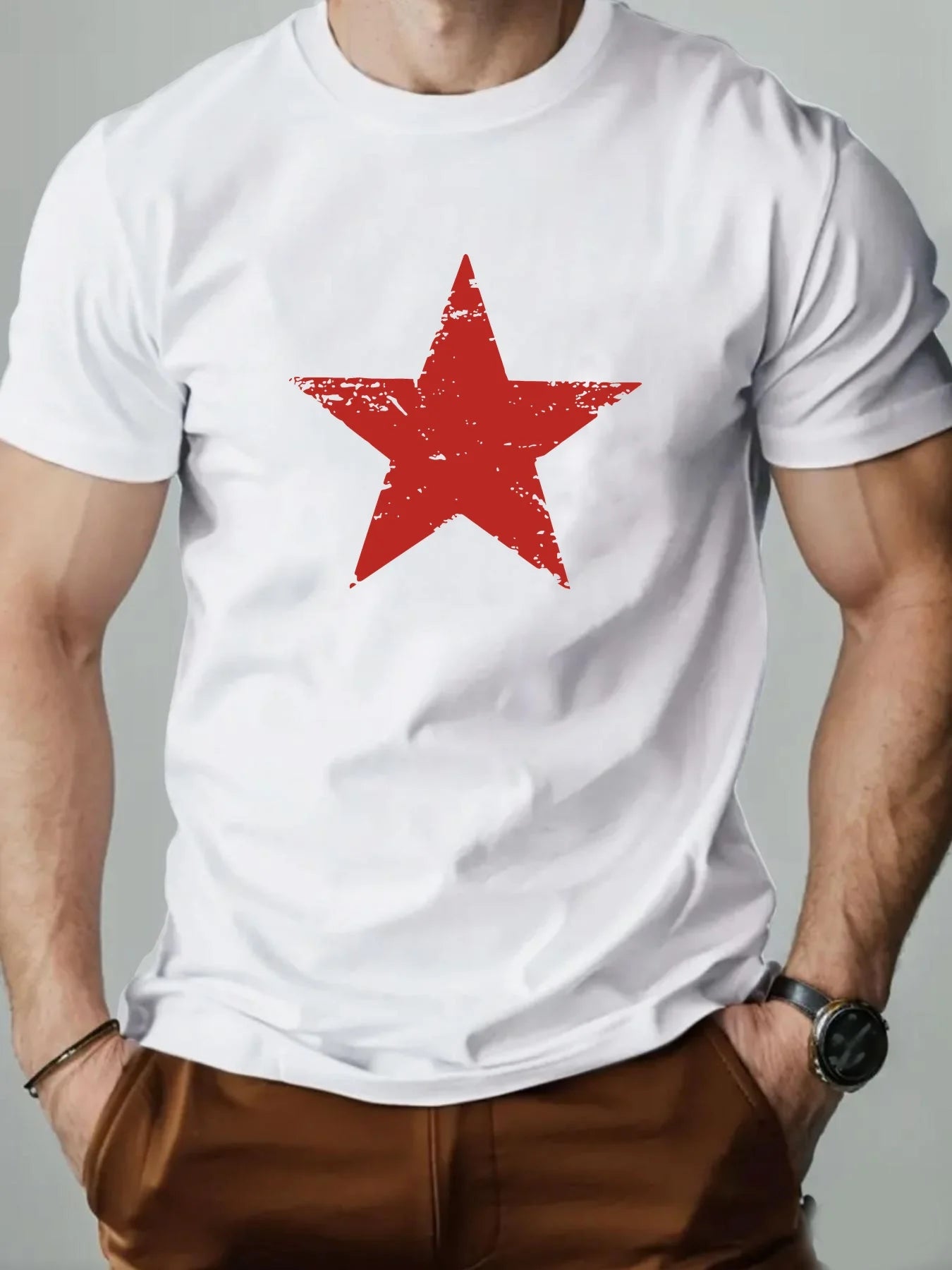 Men's summer 100% pure cotton fashionable casual loose red star pattern printed collar short sleeved T-shirt top