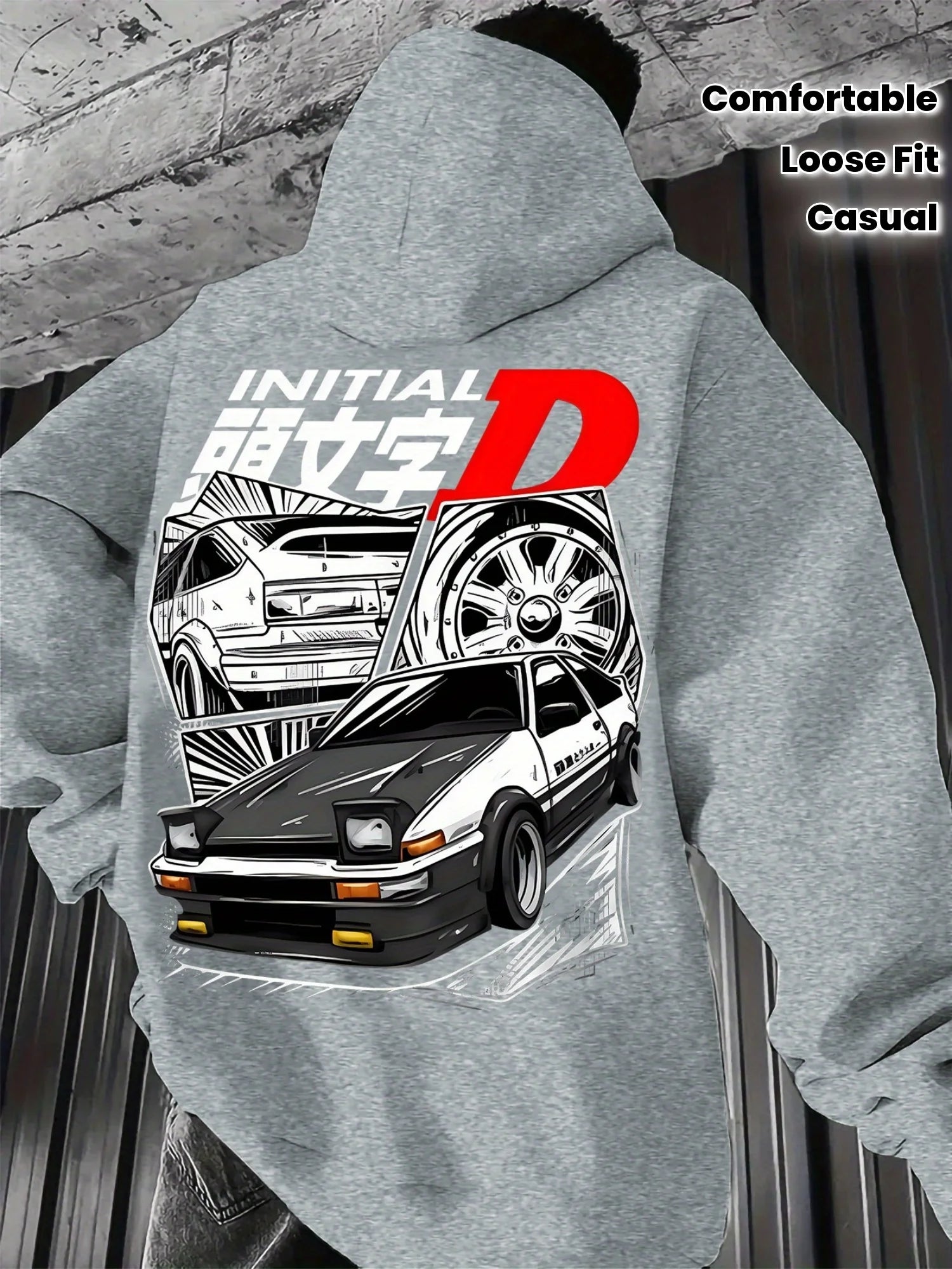Black hooded sweatshirt with the initial letter D logo and iconic JDM car printed men's anime pullover