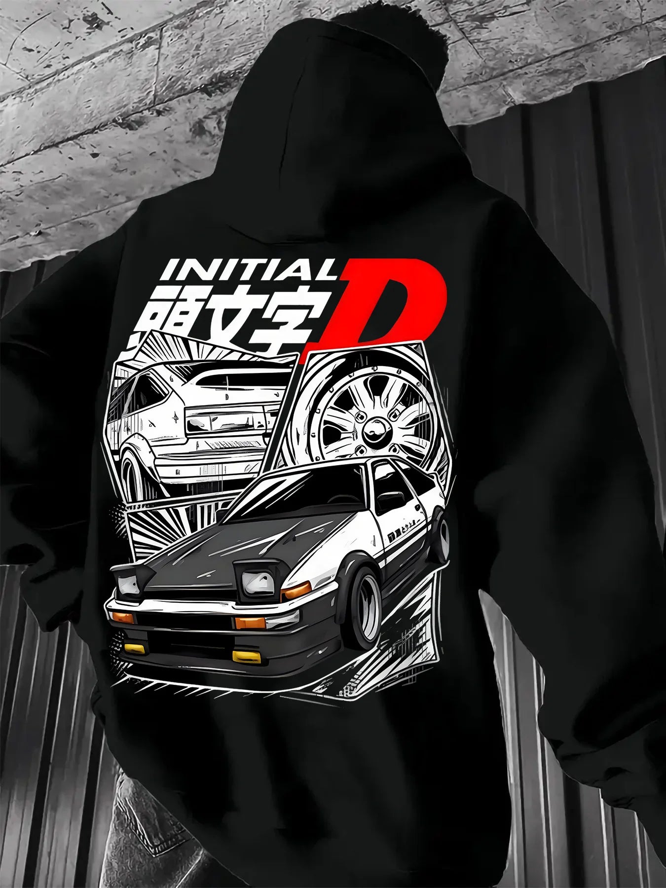 Black hooded sweatshirt with the initial letter D logo and iconic JDM car printed men's anime pullover