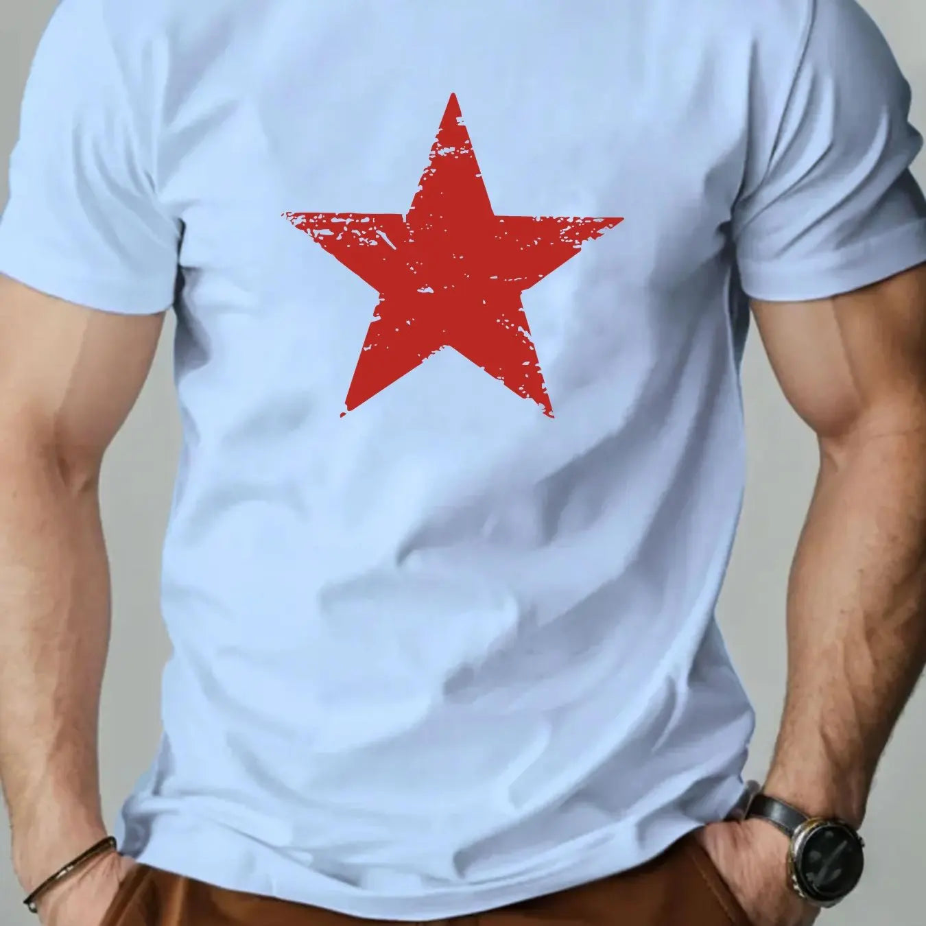 Men's summer 100% pure cotton fashionable casual loose red star pattern printed collar short sleeved T-shirt top