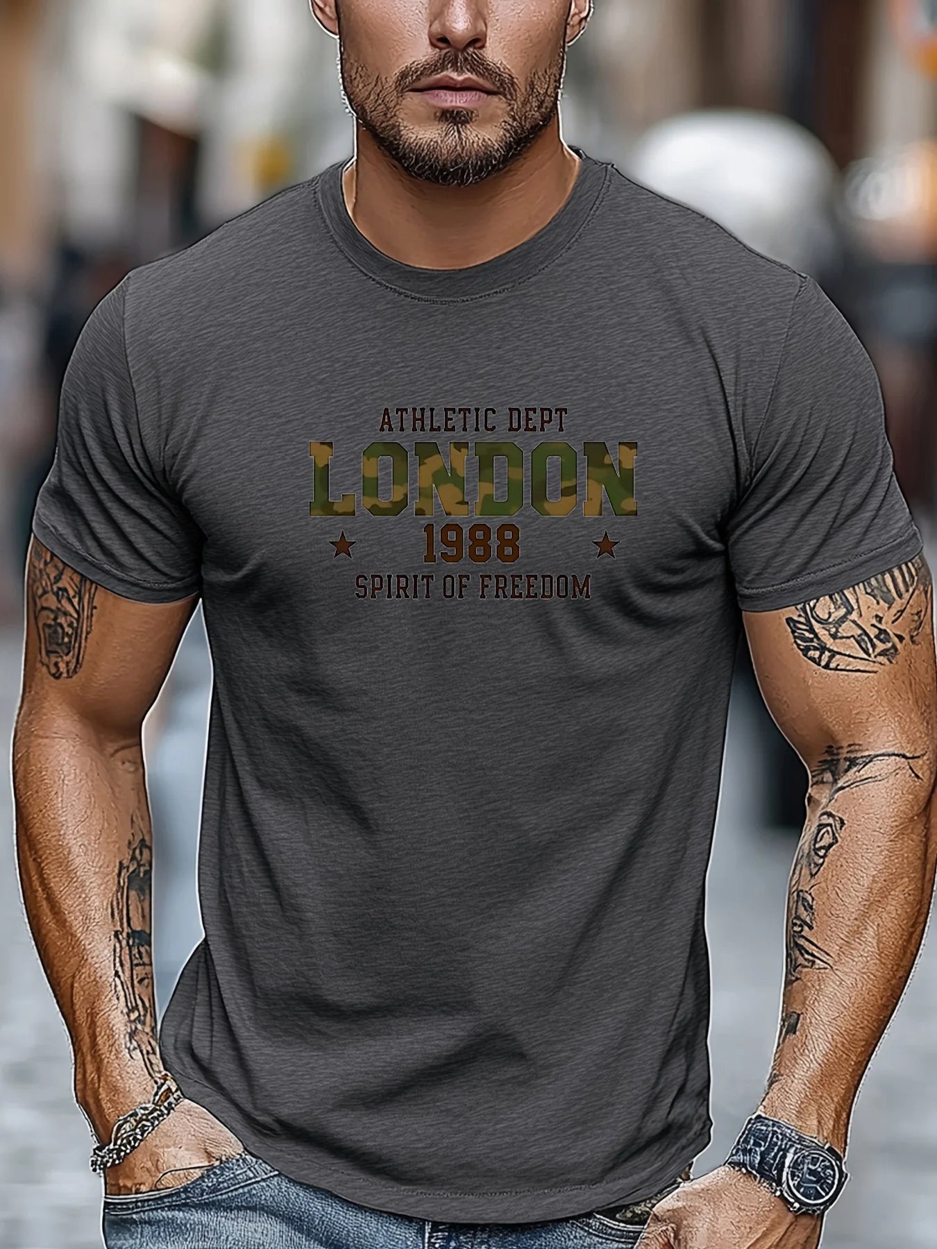 Men's Summer 100% Cotton Fashion Casual Loose London 1988 Pattern Printed Sports Round Neck Short Sleeve T-shirt Top