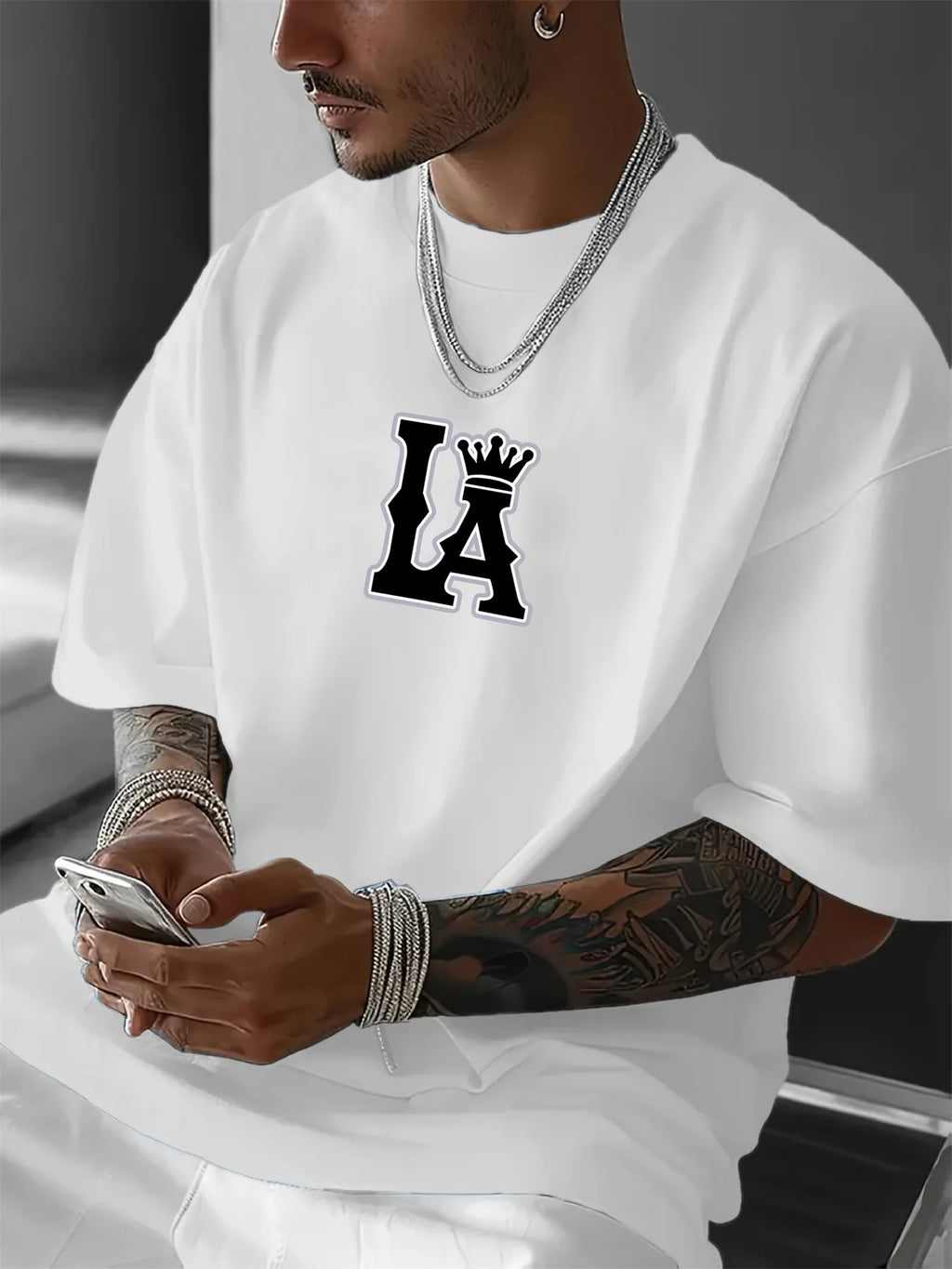 Men's Summer 100% Cotton Fashionable Casual Loose Large Size Los Angeles Letter Printed Round Neck Short Sleeve T-shirt Top