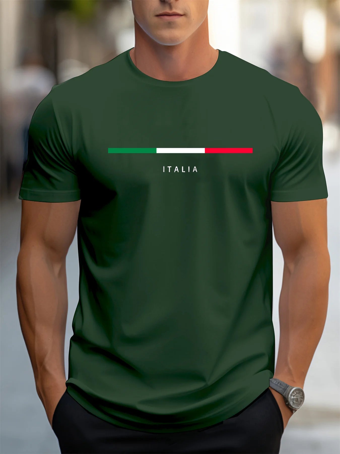 Men's summer 100 cotton fashionable casual loose plus size ITALIA pattern printed sports round neck short sleeved T-shirt top