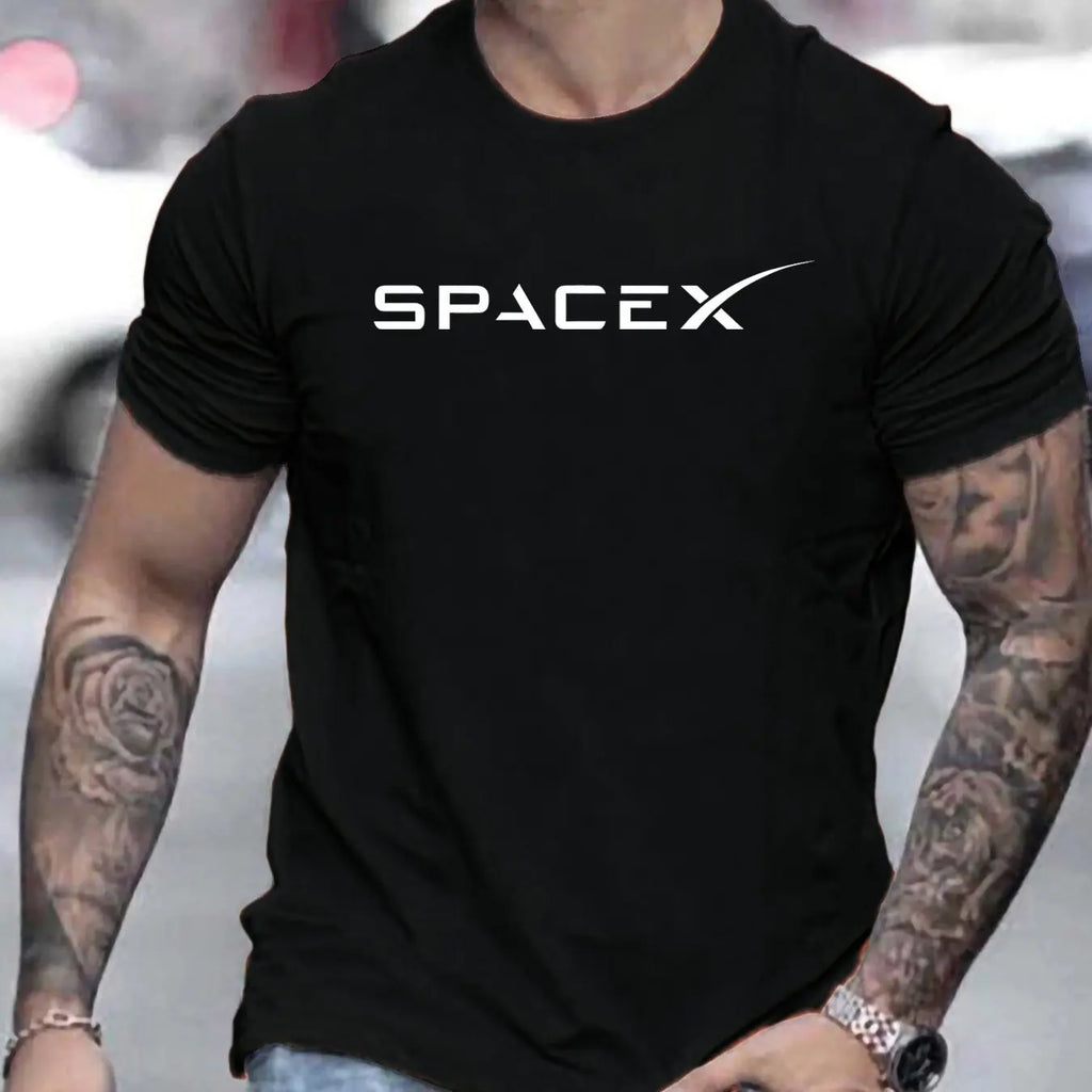 Men's Summer 100 Cotton Fashionable Casual Loose Large Size SPACEX Letter Pattern Printed Round Neck Short Sleeve T-shirt Top