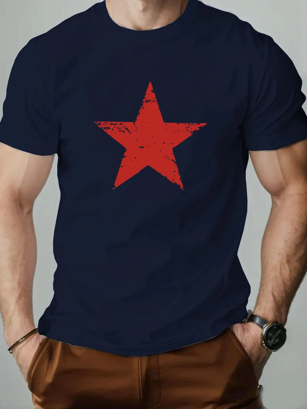 Men's summer 100% pure cotton fashionable casual loose red star pattern printed collar short sleeved T-shirt top
