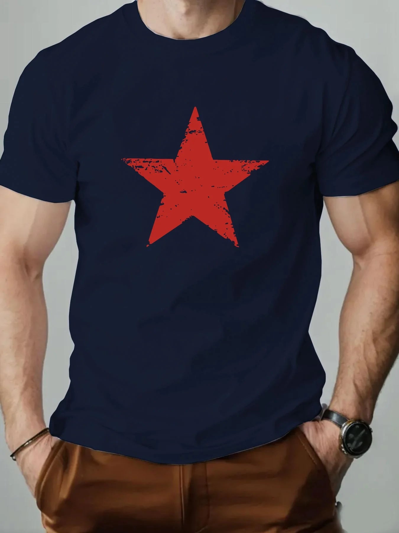 Men's summer 100% pure cotton fashionable casual loose red star pattern printed collar short sleeved T-shirt top