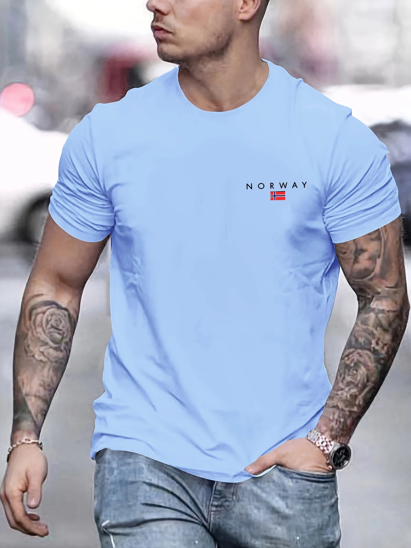 Men's summer 100% pure cotton fashionable sports casual loose NORWAY pattern printed round neck short sleeved T-shirt top