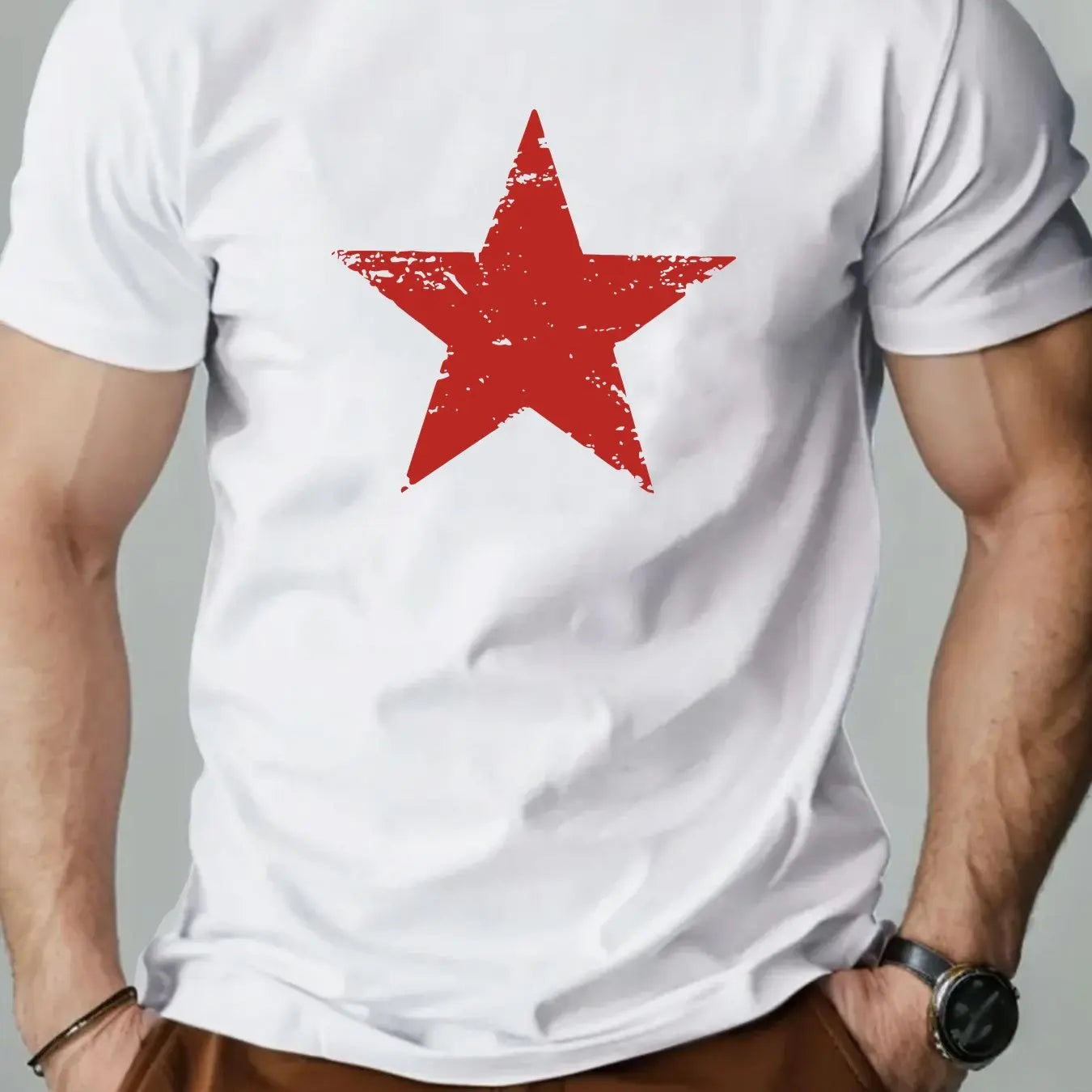 Men's summer 100% pure cotton fashionable casual loose red star pattern printed collar short sleeved T-shirt top