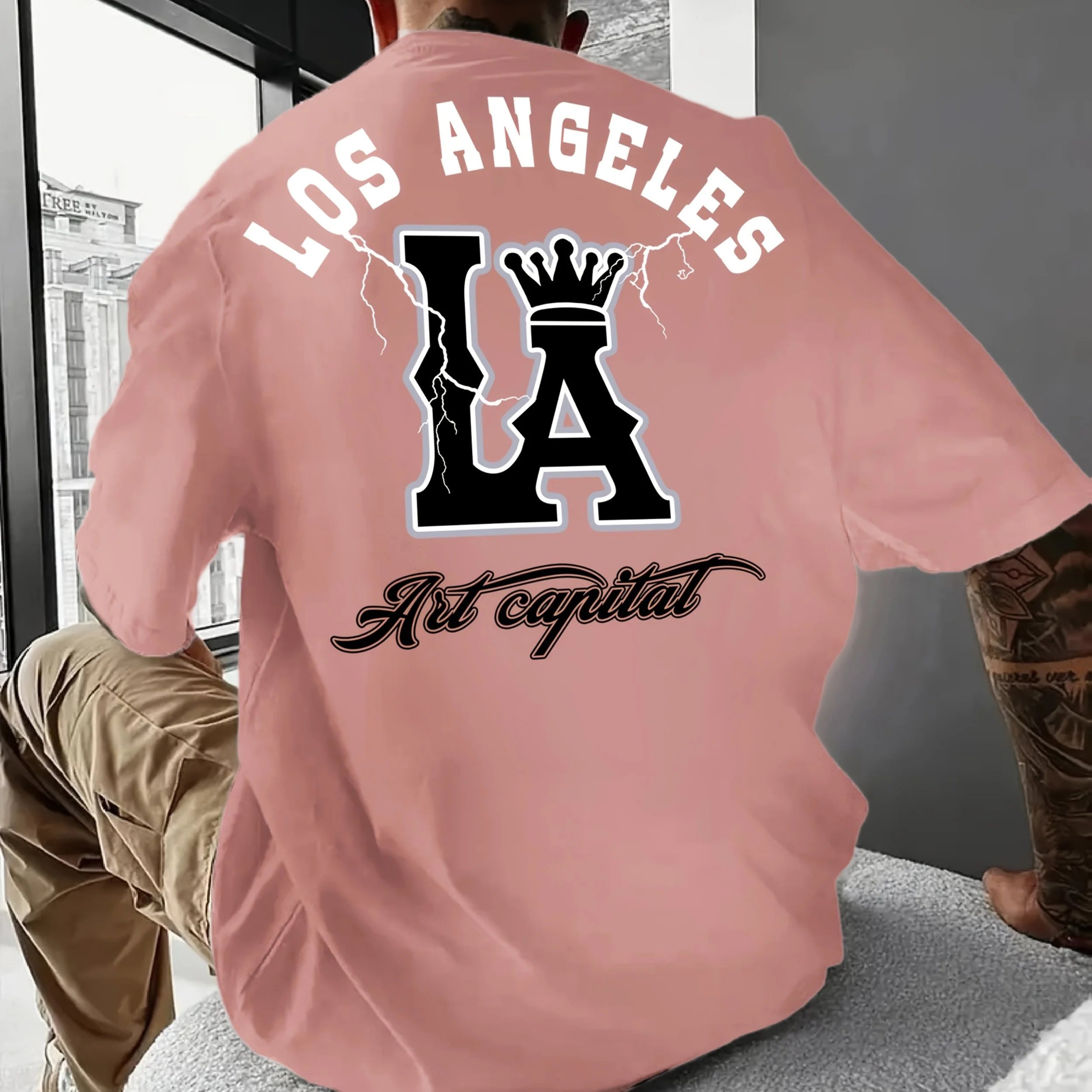 Men's Summer 100% Cotton Fashionable Casual Loose Large Size Los Angeles Letter Printed Round Neck Short Sleeve T-shirt Top