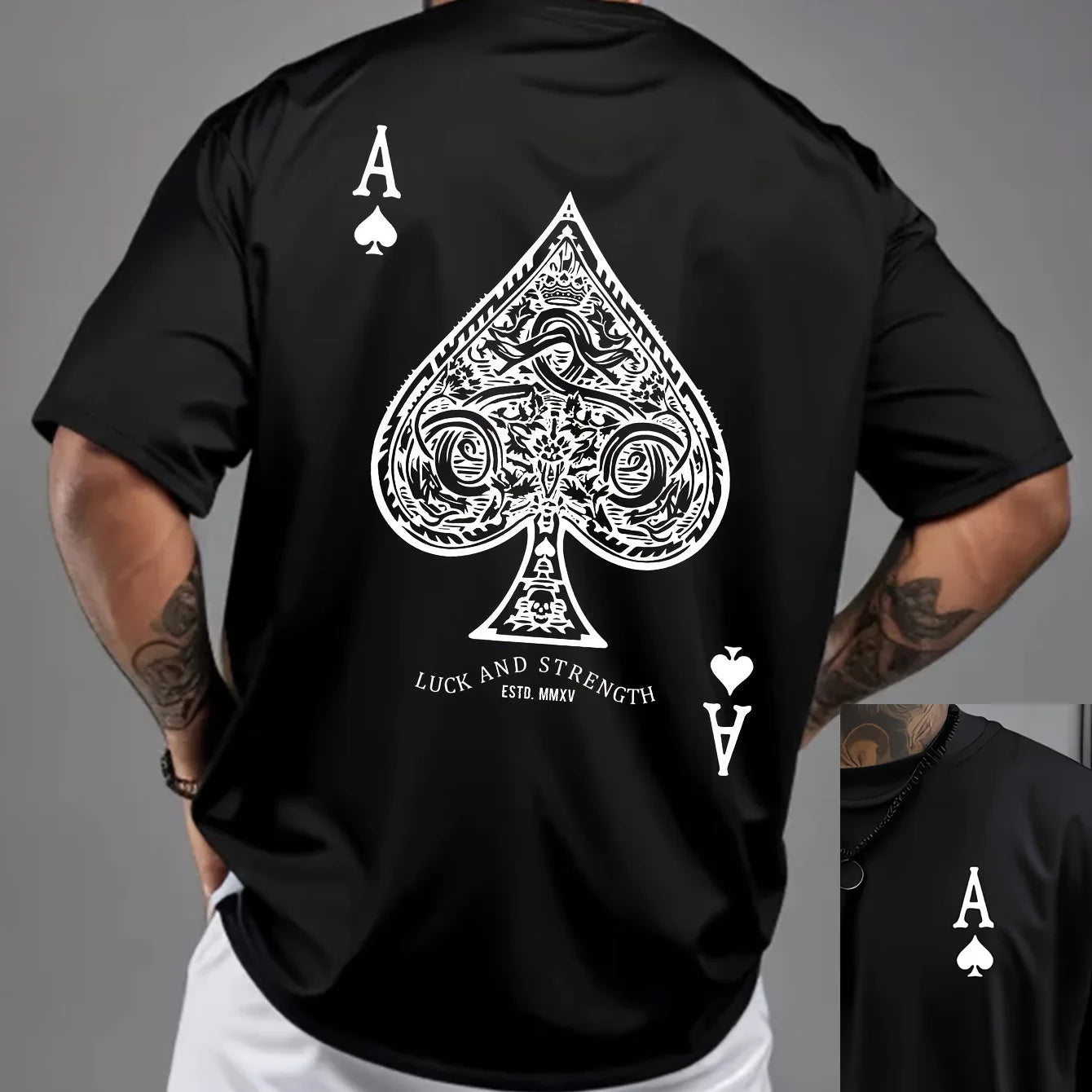 Summer men's 100% pure cotton casual sports loose oversized retro spade A printed comfortable round neck short sleeved T-shirt