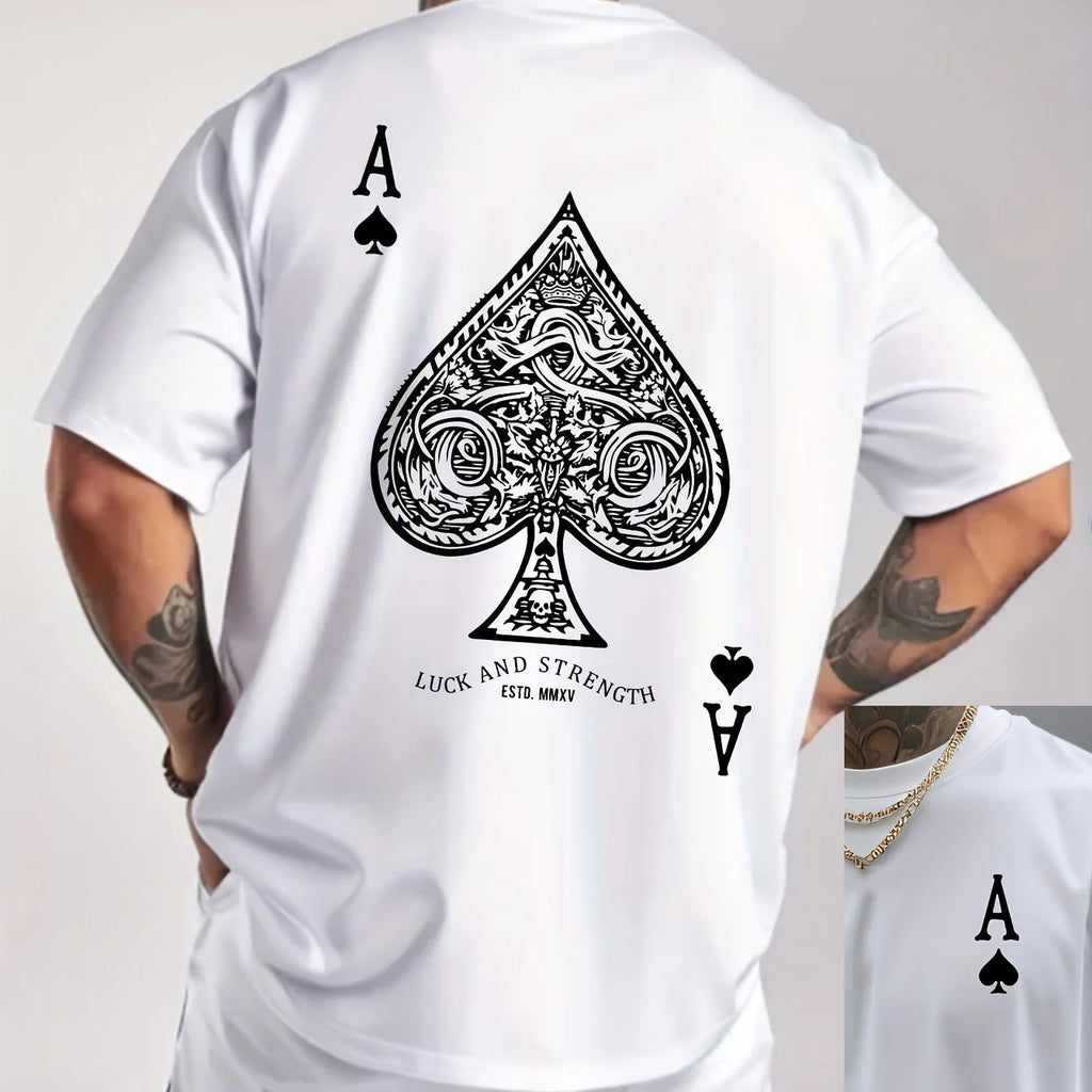 Summer men's 100% pure cotton casual sports loose oversized retro spade A printed comfortable round neck short sleeved T-shirt